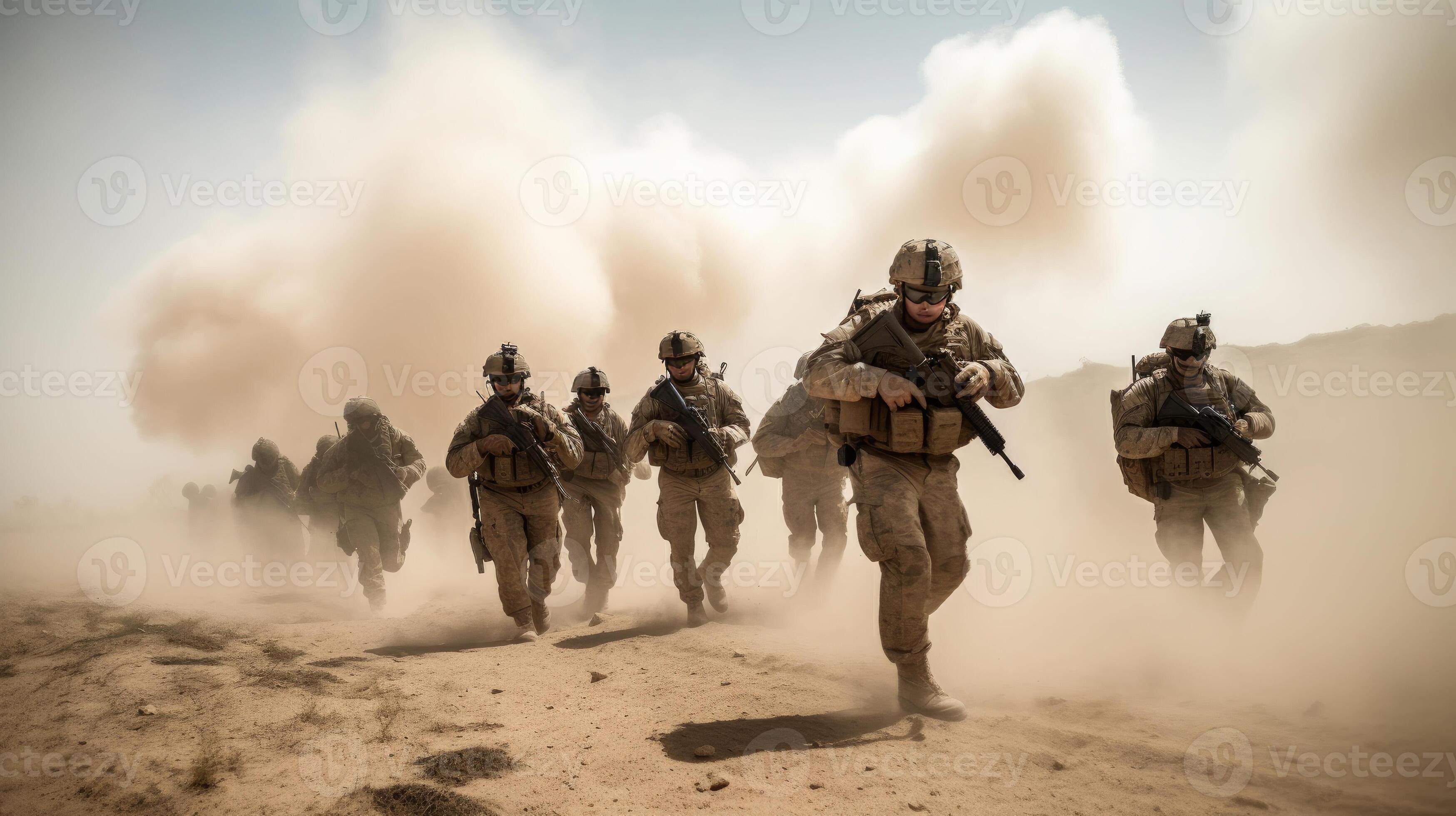 a group of soldiers advancing across a barren and desert 26003565 Stock Photo at Vecteezy
