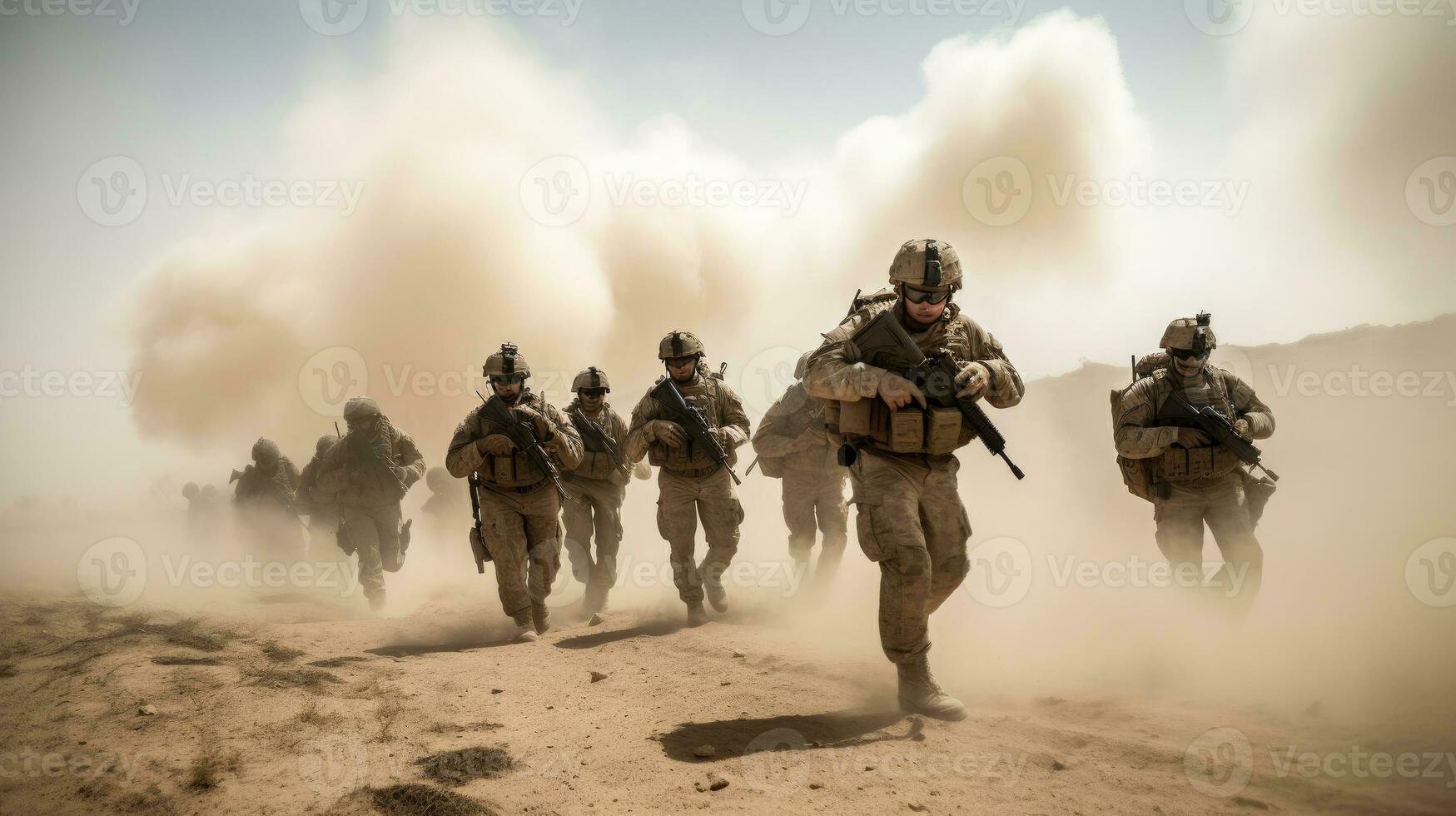 a group of soldiers advancing across a barren and desert photo