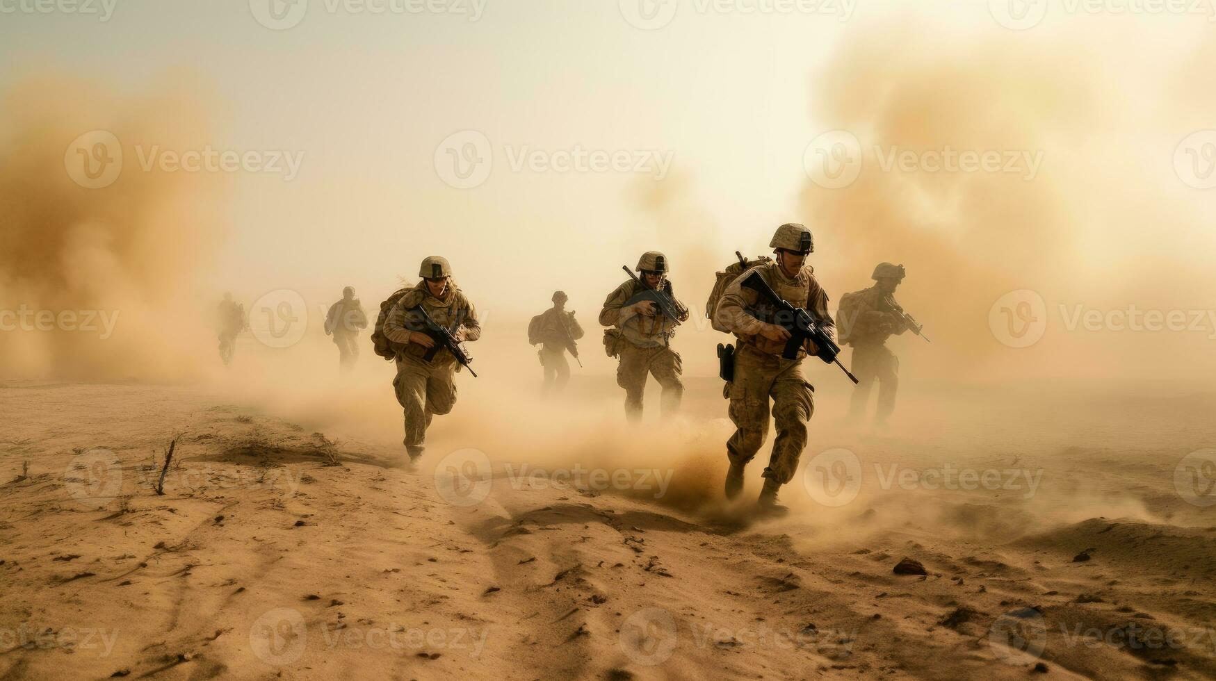 a group of soldiers advancing across a barren and desert photo