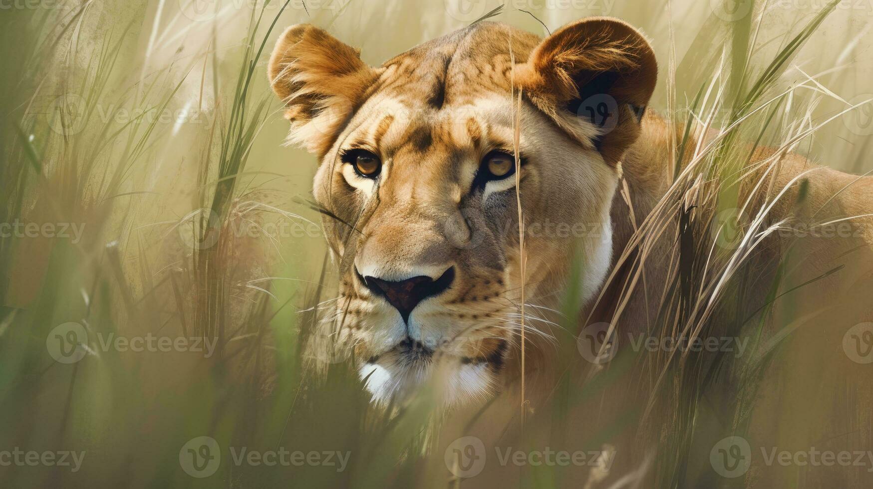 A lioness stalking through the tall grass, with only her piercing eyes visible, capturing the lion's stealth and hunting prowess photo