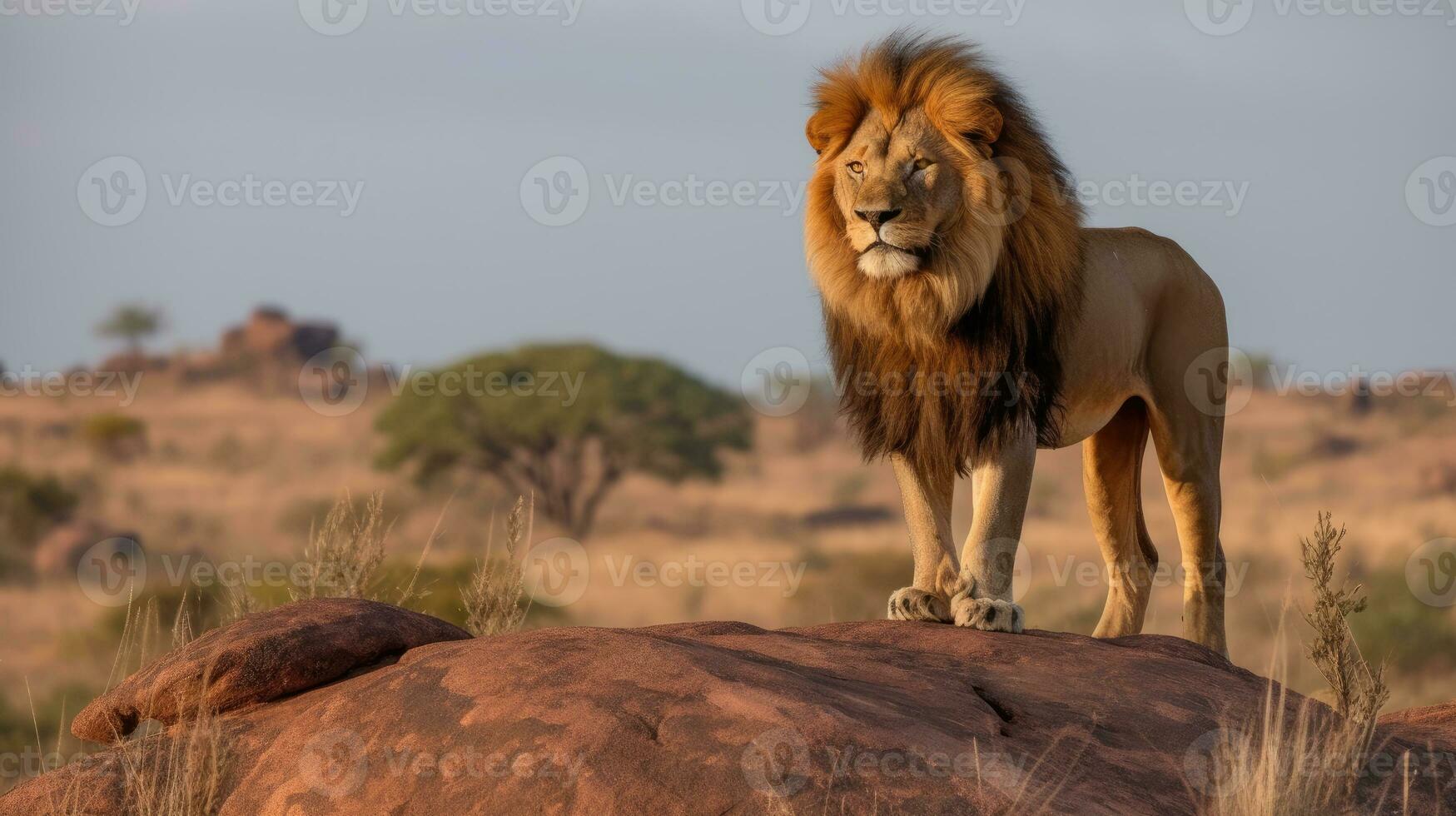 A majestic lion standing atop a rocky outcrop, with a savannah stretching out behind it, capturing the lion's power and regal presence photo
