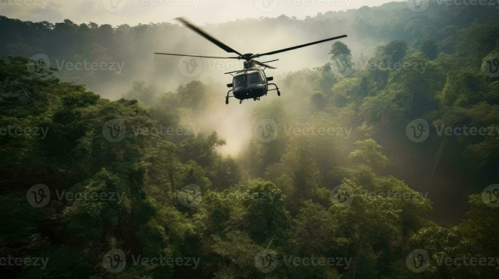 A sleek military chopper hovering above a dense forest, rotor blades whipping up leaves and debris photo