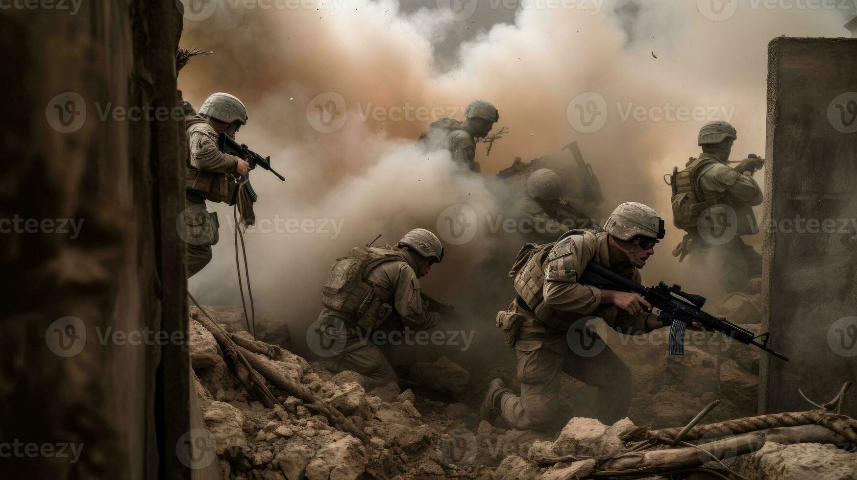 a team of soldiers taking cover behind a ruined building photo