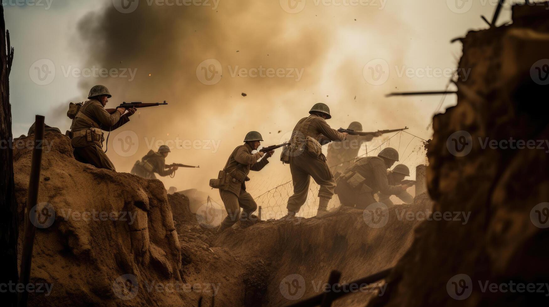 a team of soldiers taking cover behind a ruined building photo