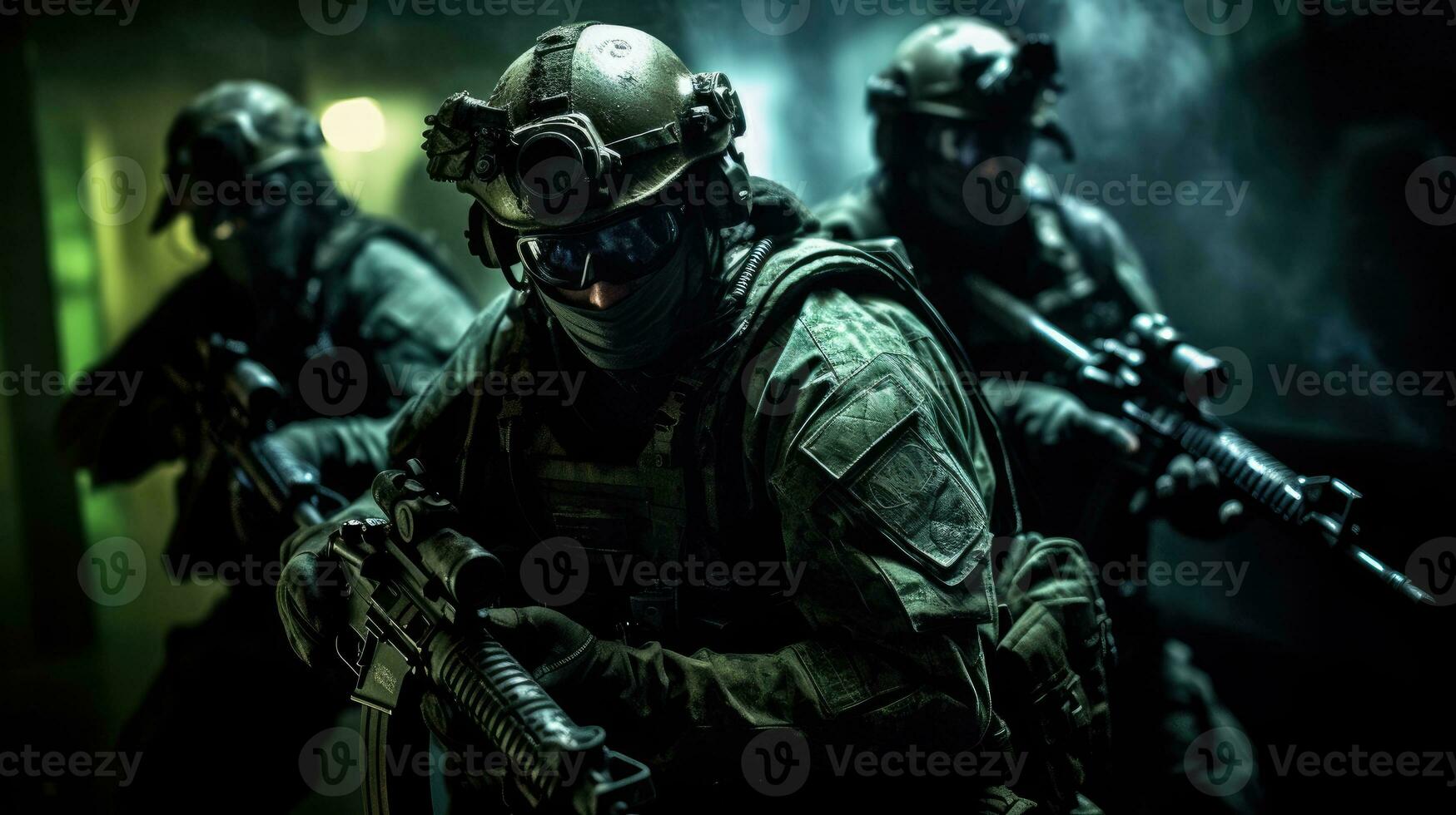 A military special forces team infiltrating a high-security facility, using night vision goggles and suppressed firearms photo