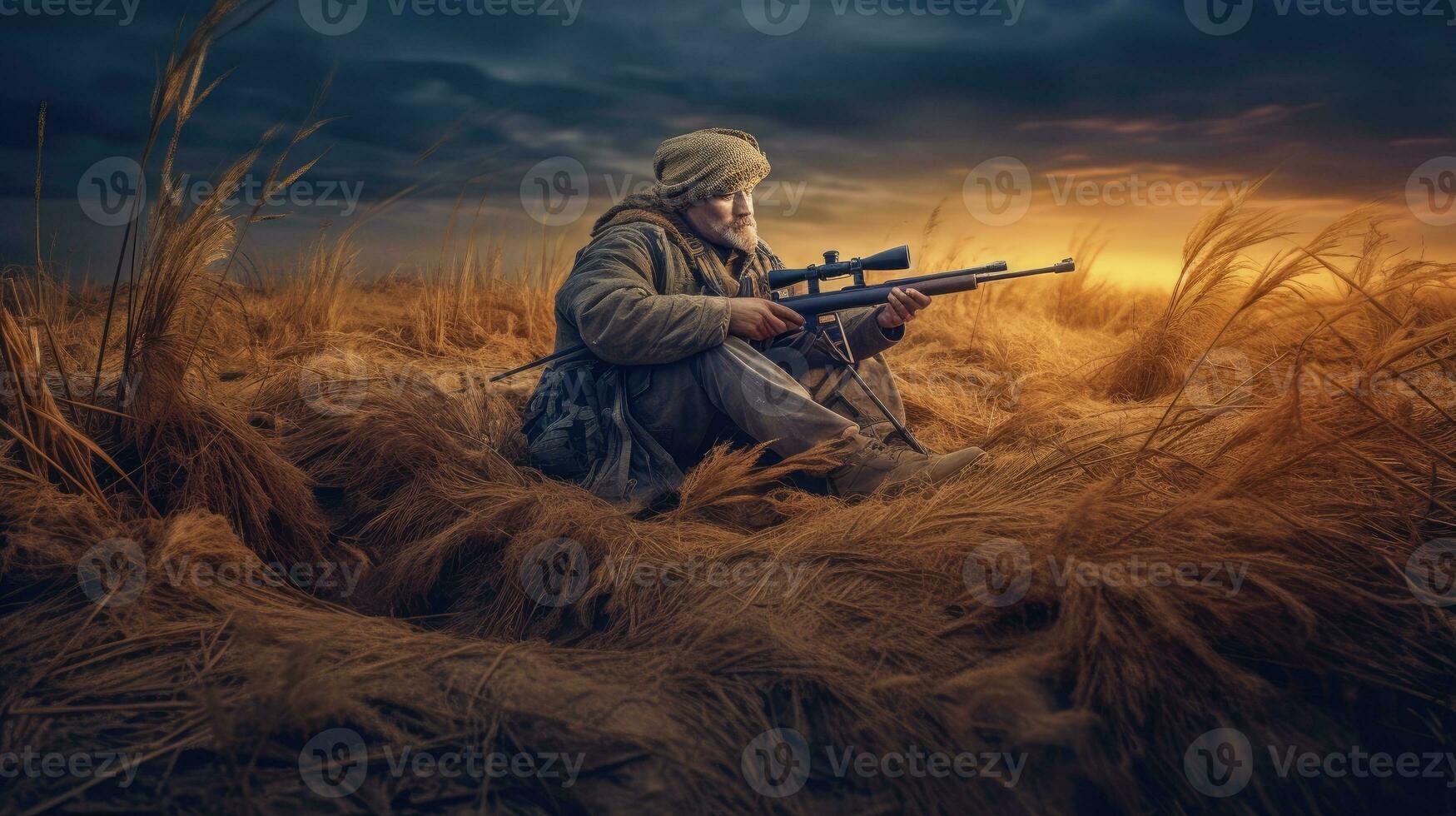 sniper stands with arms and looks forward photo