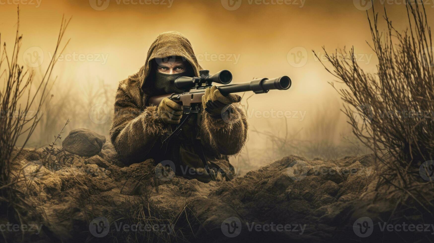 sniper stands with arms and looks forward photo