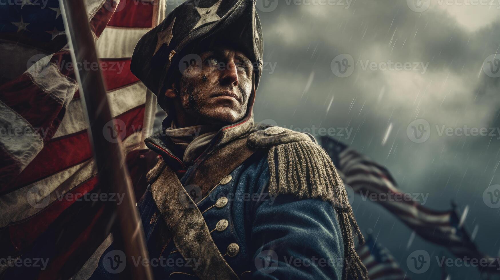 Detail shot with american flag on soldier uniform, giving the honor salute during military ceremony photo