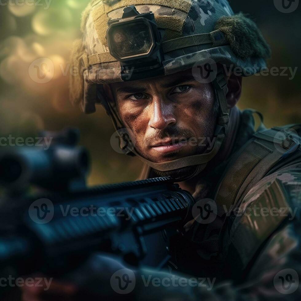 an army soldier holding a rifle photo