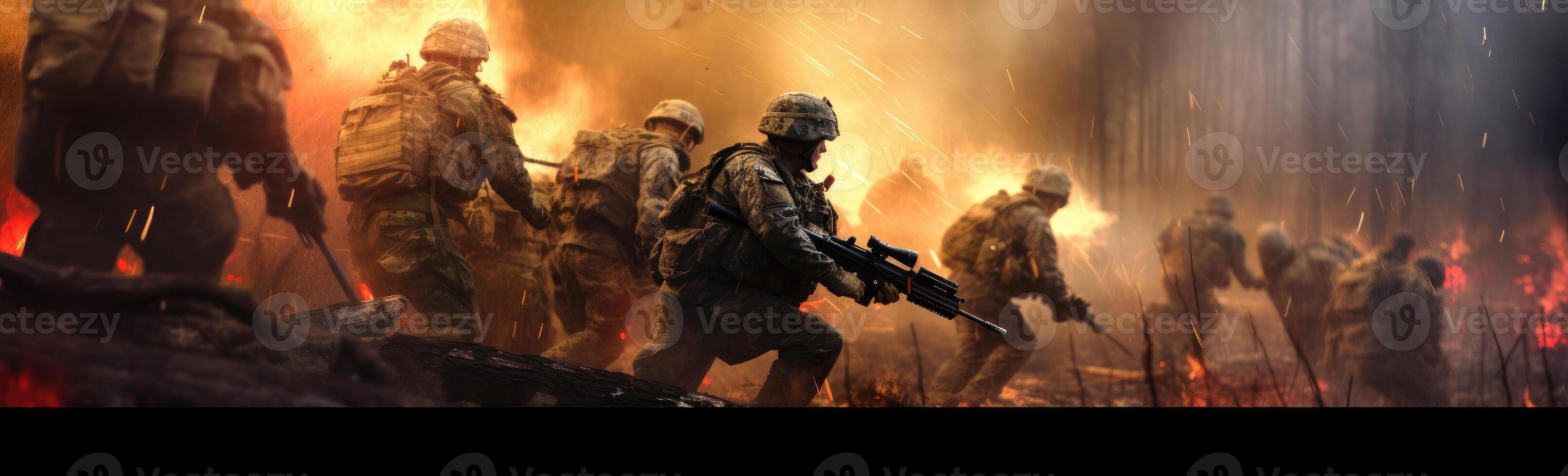 militar hombres a un campo de batalla, soldados a guerra, fuego en el campo de batalla, equipo de soldados con rifles foto