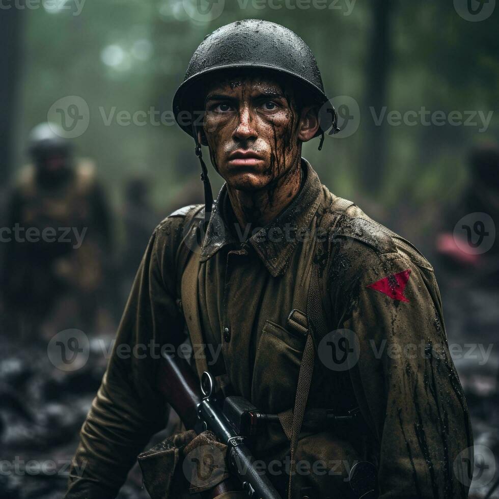 un cansado soldado en un mundo guerra ii campo de batalla, barro y sangre en su uniforme foto