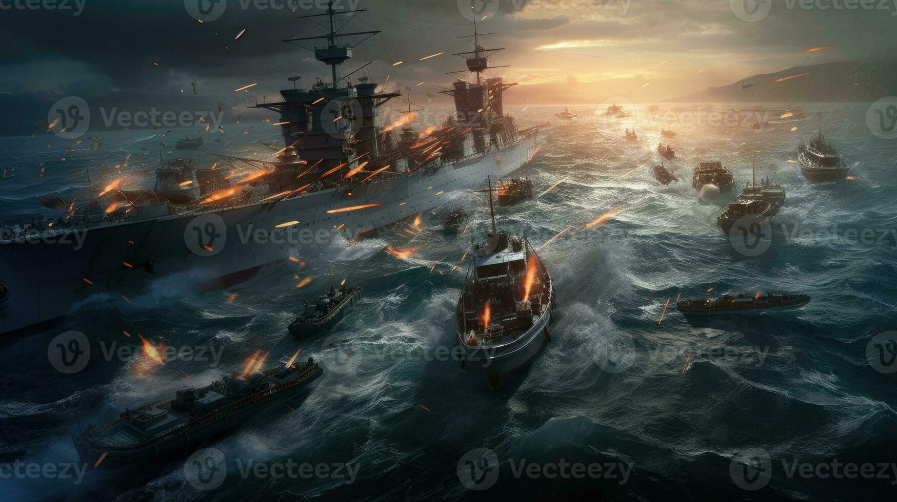 A military photorealistic image of a naval battle, two warships exchanging fire in the open sea, waves crashing against the hulls, dark clouds on the horizon, highlighting the chaos and destruction of photo