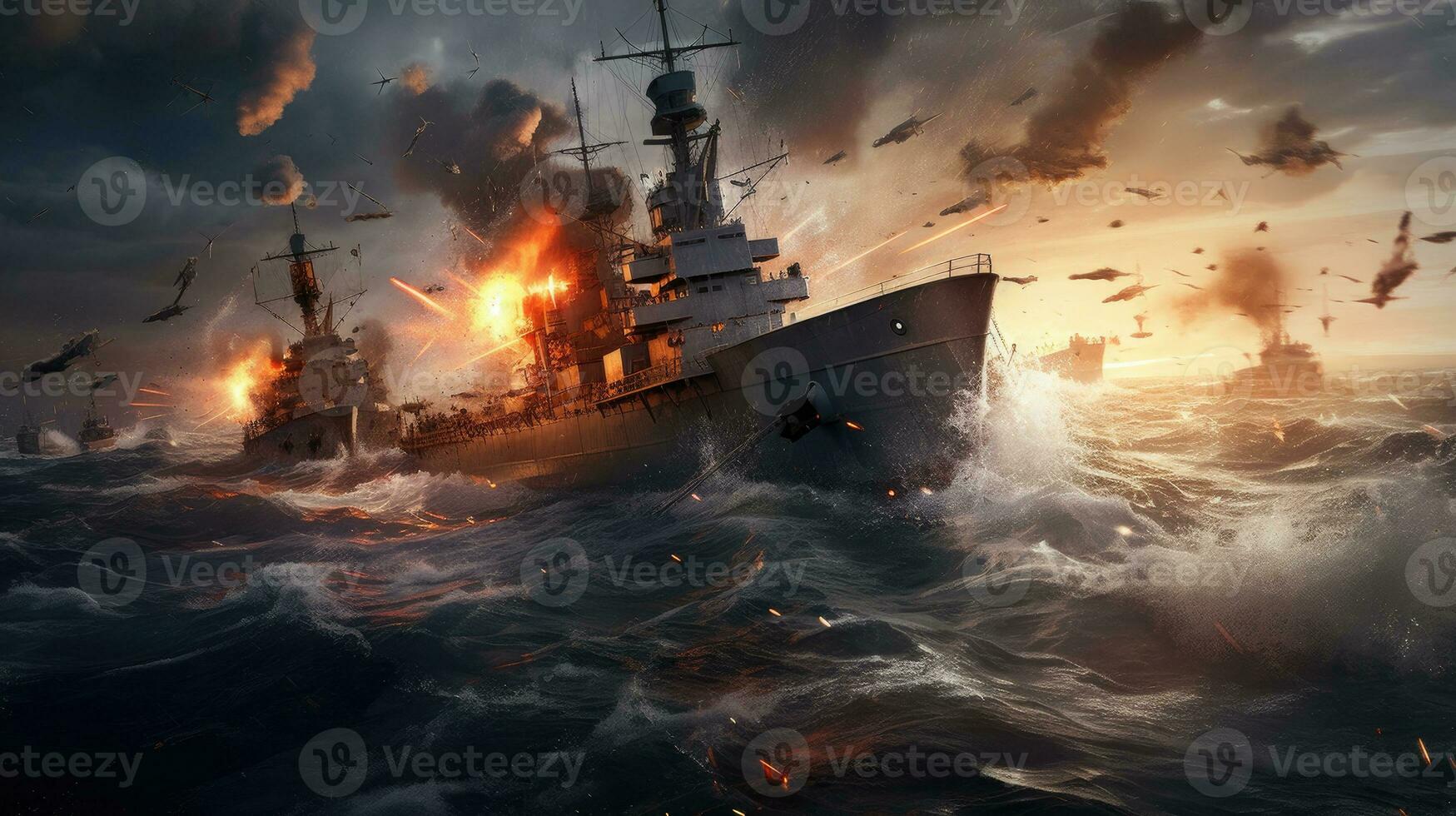 un militar imagen de un naval batalla, dos buques de guerra intercambiando fuego en el abierto mar, olas estrellarse en contra el cascos, oscuro nubes en el horizonte, destacando el caos y destrucción foto