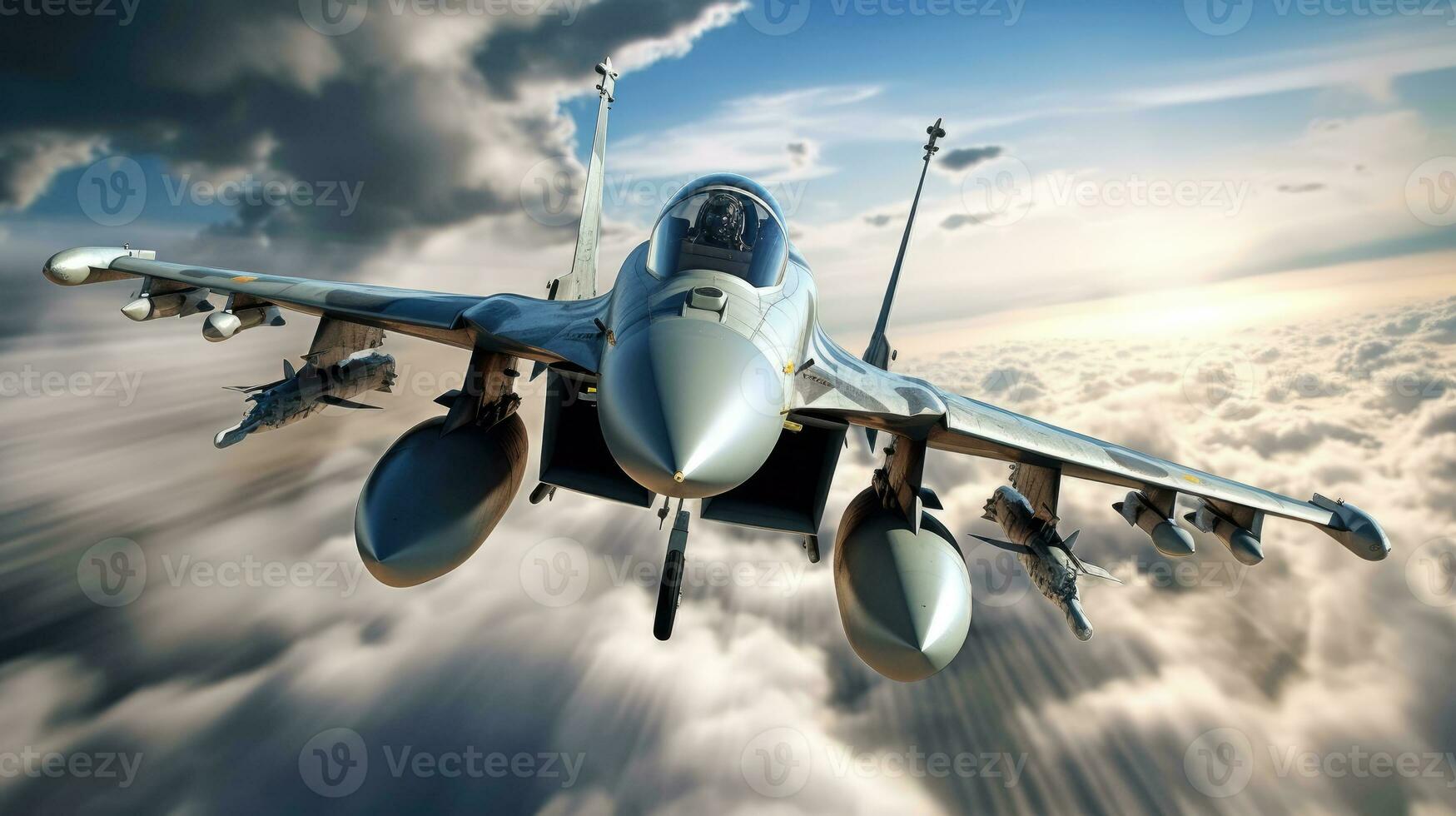 A military image of a fighter jet soaring through the clouds, intense motion blur on the wings, cockpit visible with the pilot's determined expression, weapons systems armed and ready, photo