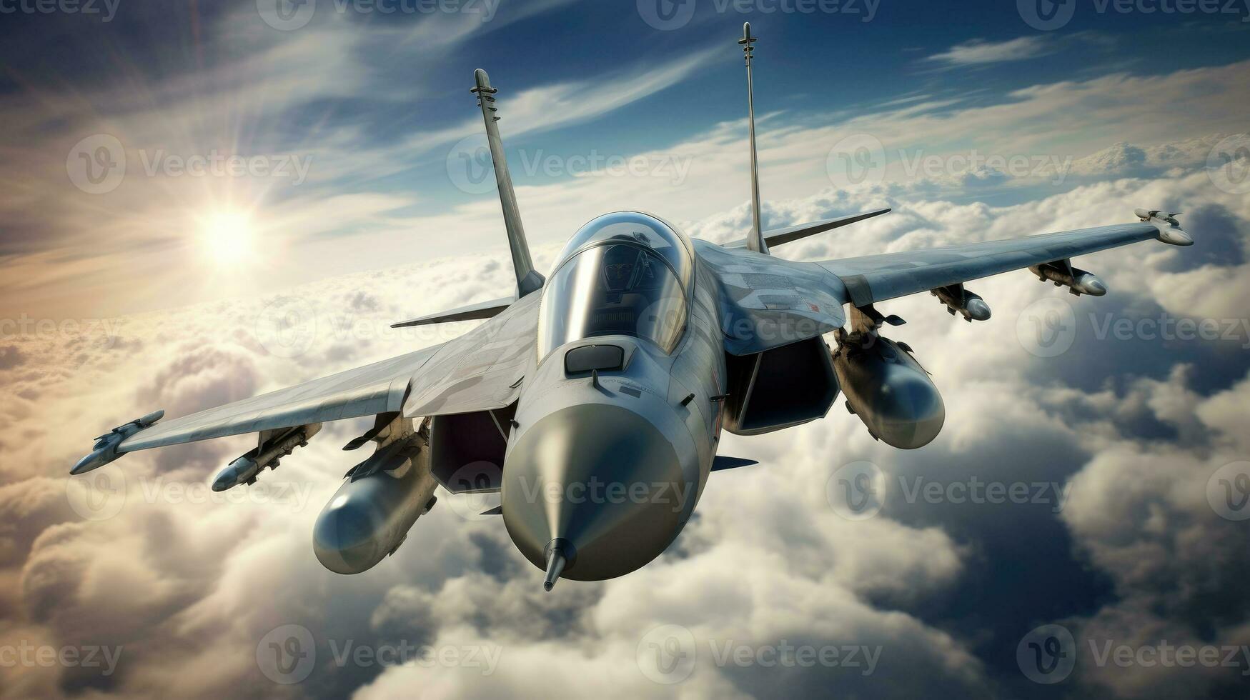 A military image of a fighter jet soaring through the clouds, intense motion blur on the wings, cockpit visible with the pilot's determined expression, weapons systems armed and ready, photo