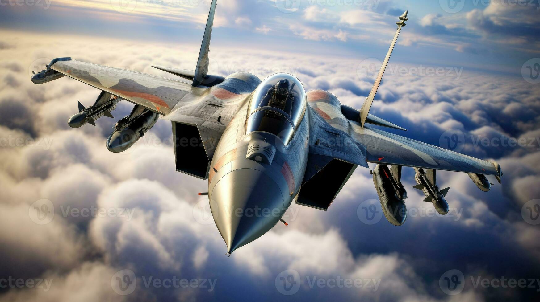 A military image of a fighter jet soaring through the clouds, intense motion blur on the wings, cockpit visible with the pilot's determined expression, weapons systems armed and ready, photo