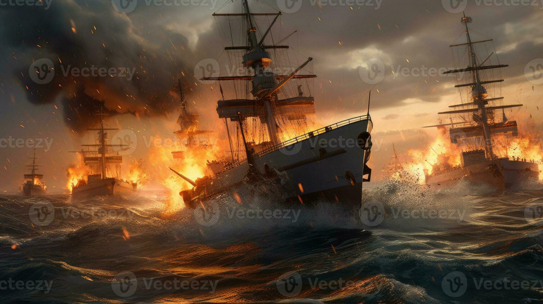un militar imagen de un naval batalla, dos buques de guerra intercambiando fuego en el abierto mar, olas estrellarse en contra el cascos, oscuro nubes en el horizonte, destacando el caos y destrucción foto