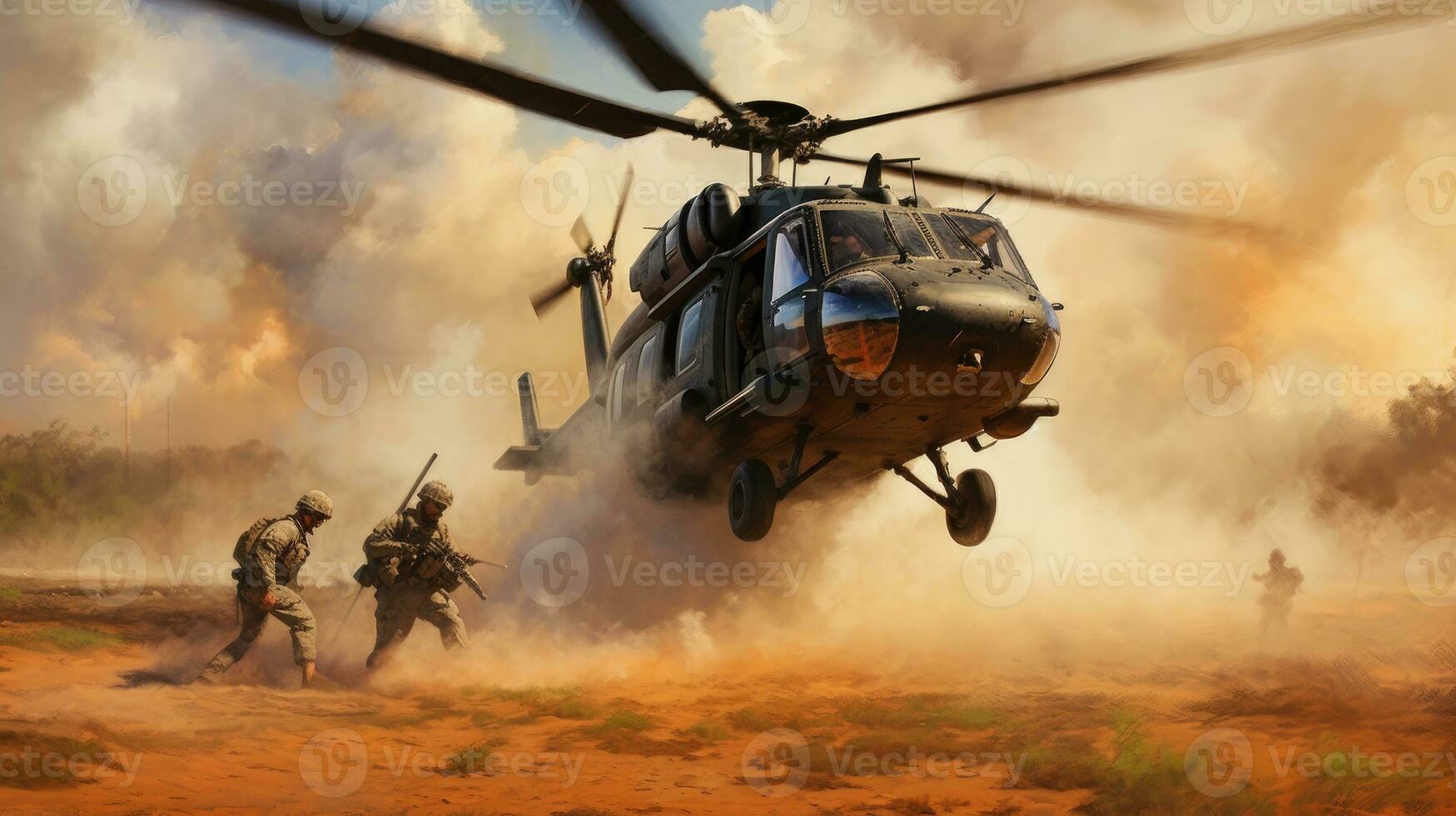 A military helicopter insertion operation, soldiers rappelling down ropes from the helicopter, smoke and dust from the landing zone in the background photo