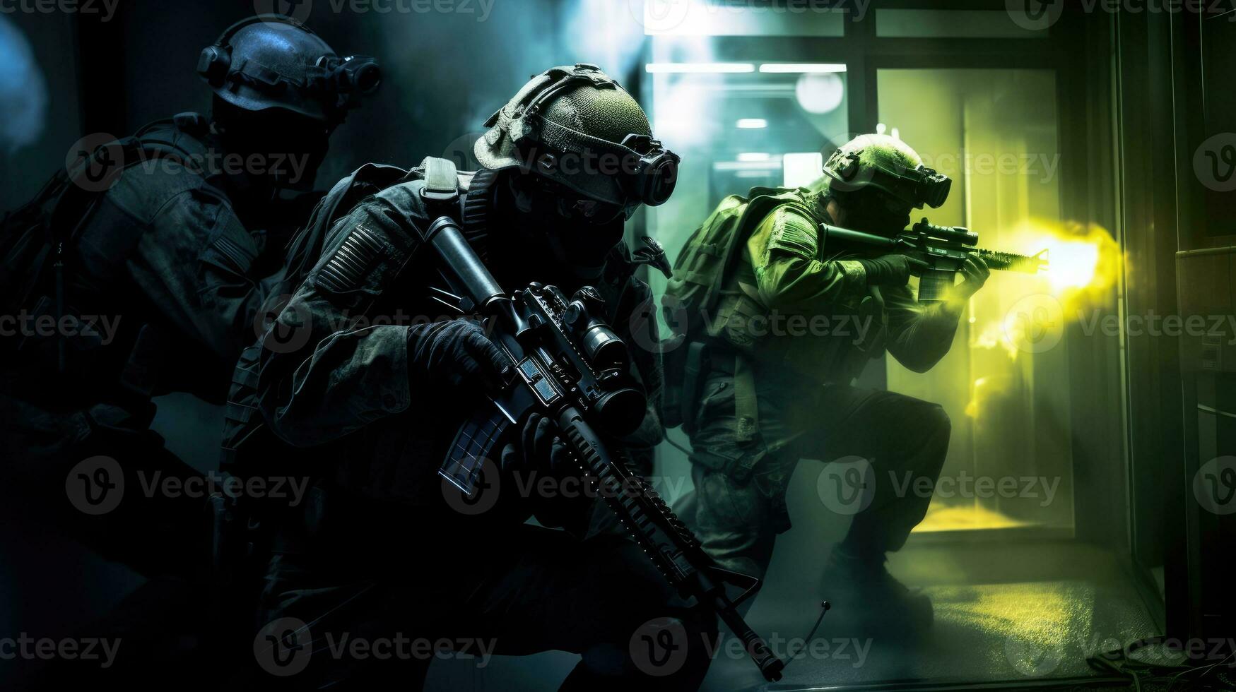 A military special forces team infiltrating a high-security facility, using night vision goggles and suppressed firearms photo