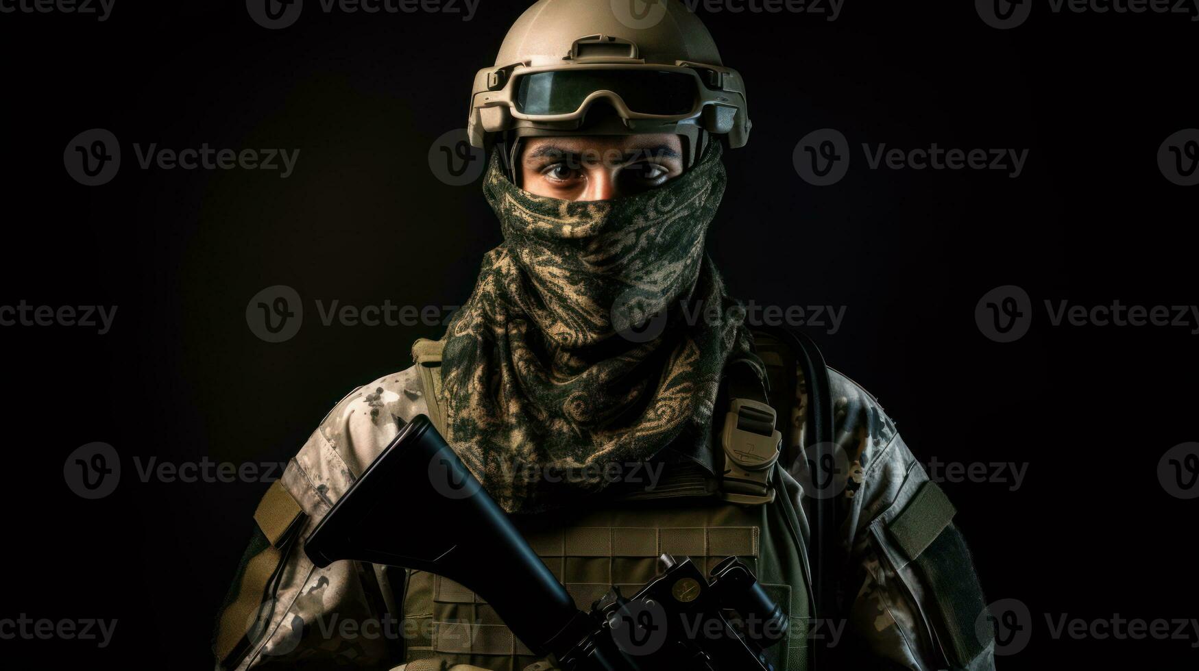 Army soldier in Combat Uniforms with assault rifle, plate carrier and combat helmet, with a Shemagh Kufiya scarf on his neck against a dark background photo