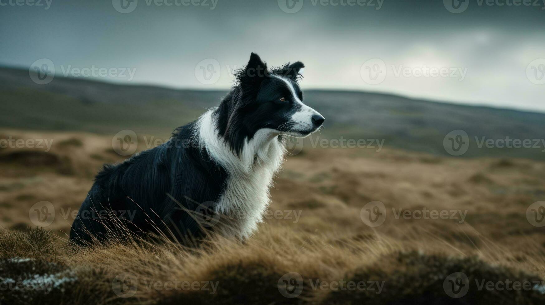 Border Collie standing against a sweeping landscape, its majestic stance exuding a captivating aura of alertness and athleticism photo