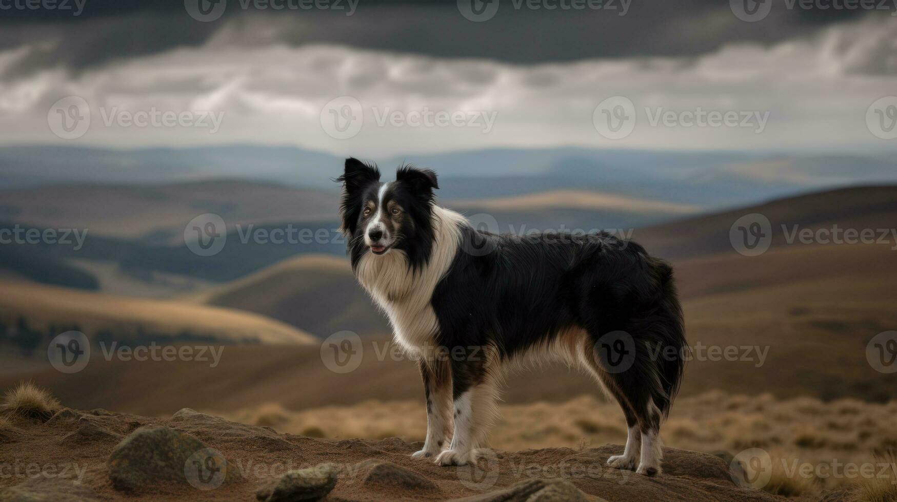 frontera collie en pie en contra un barriendo paisaje, sus majestuoso postura exudando un cautivador aura de vigilancia y atletismo foto