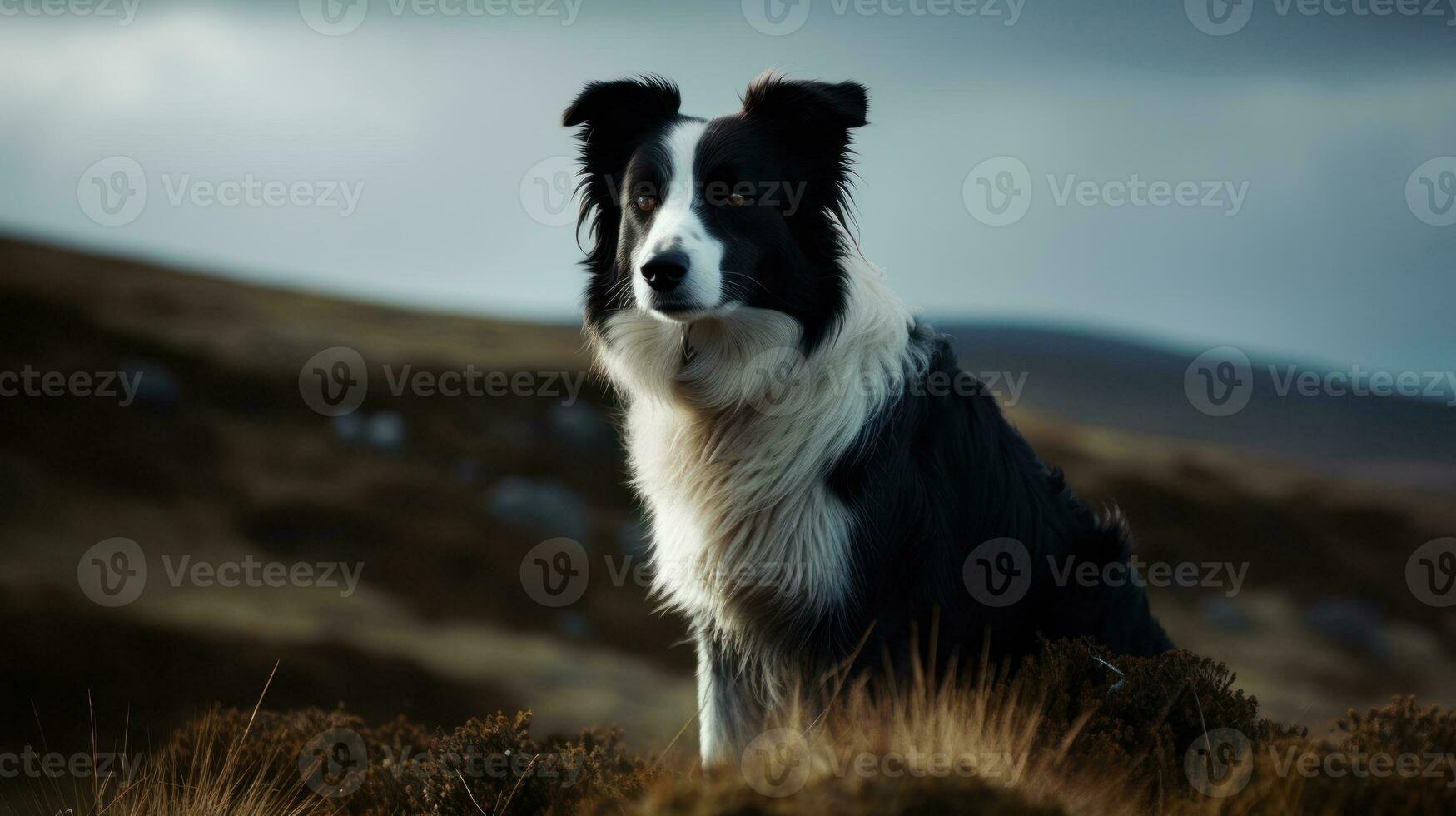 Border Collie standing against a sweeping landscape, its majestic stance exuding a captivating aura of alertness and athleticism photo