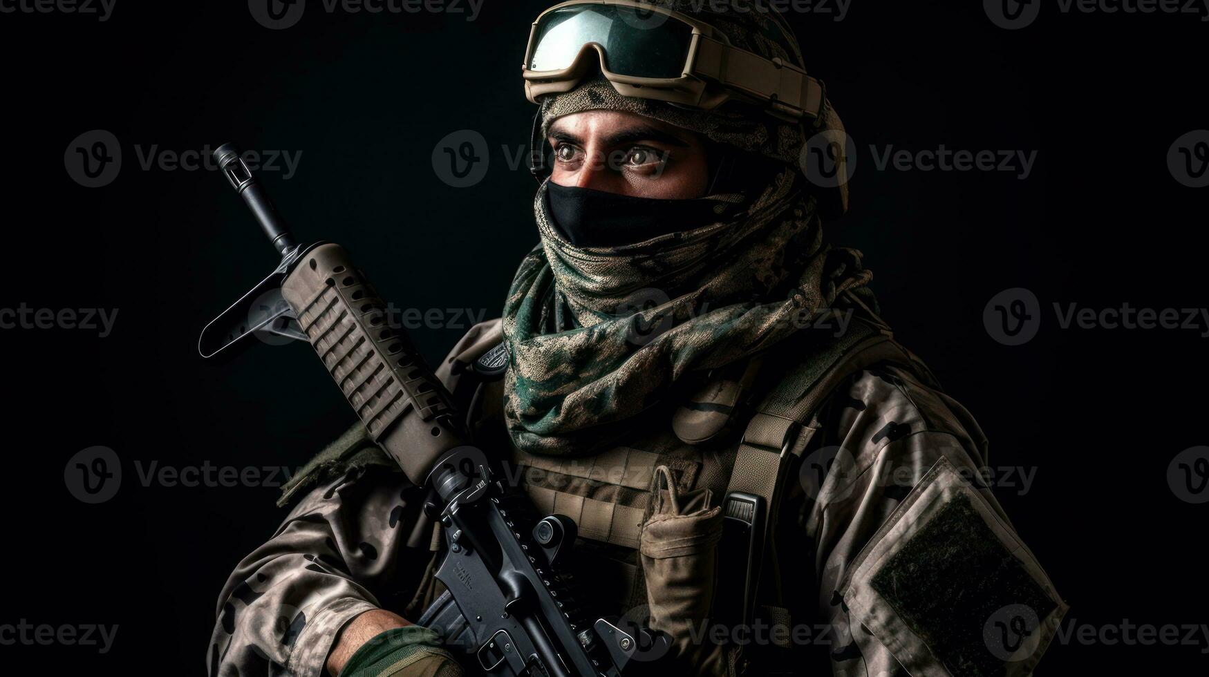 Army soldier in Combat Uniforms with assault rifle, plate carrier and combat helmet, with a Shemagh Kufiya scarf on his neck against a dark background photo