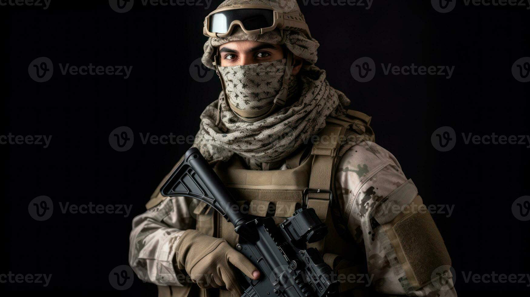 Army soldier in Combat Uniforms with assault rifle, plate carrier and combat helmet, with a Shemagh Kufiya scarf on his neck against a dark background photo