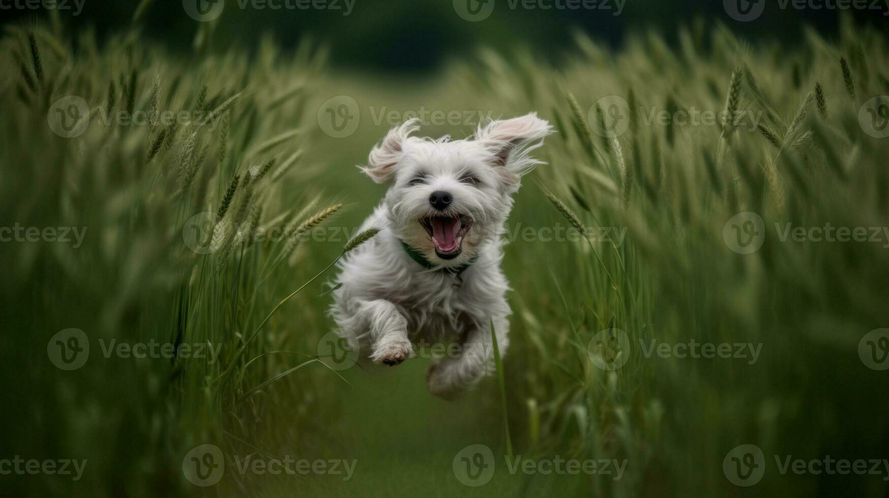 Happy pet dog puppy frolicking in the grass, a picture of pure bliss as it dashes across the verdant field photo