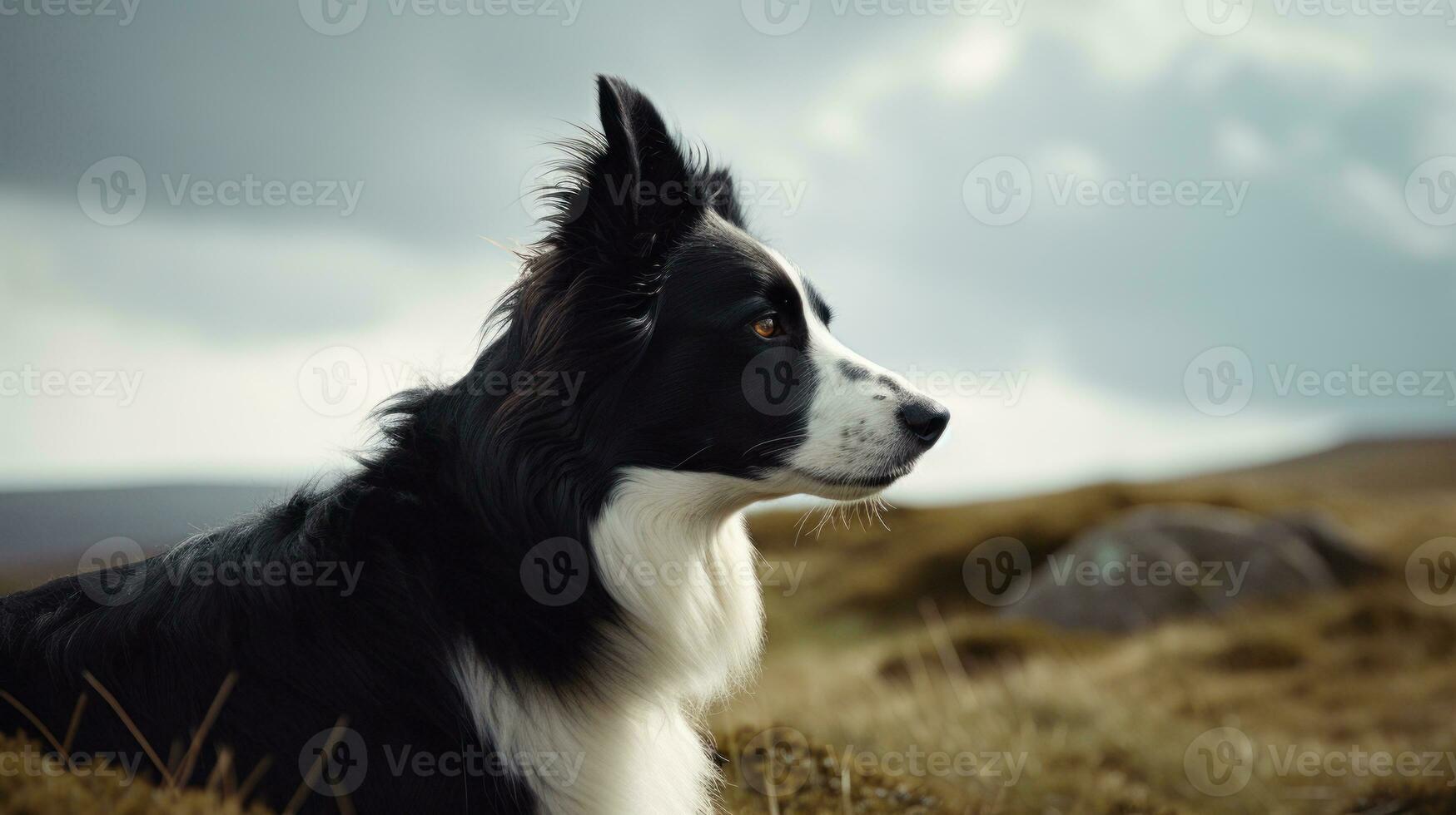 Border Collie standing against a sweeping landscape, its majestic stance exuding a captivating aura of alertness and athleticism photo
