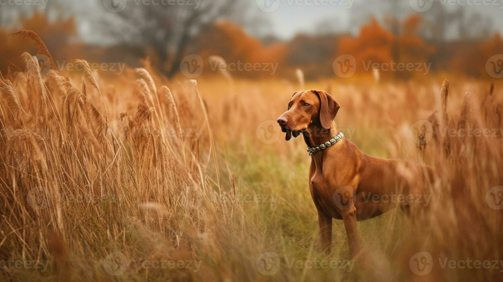 Hungarian hound pointer Vizsla dog in the field during autumn time, its russet-gold coat blending seamlessly with the fall leaves around it photo