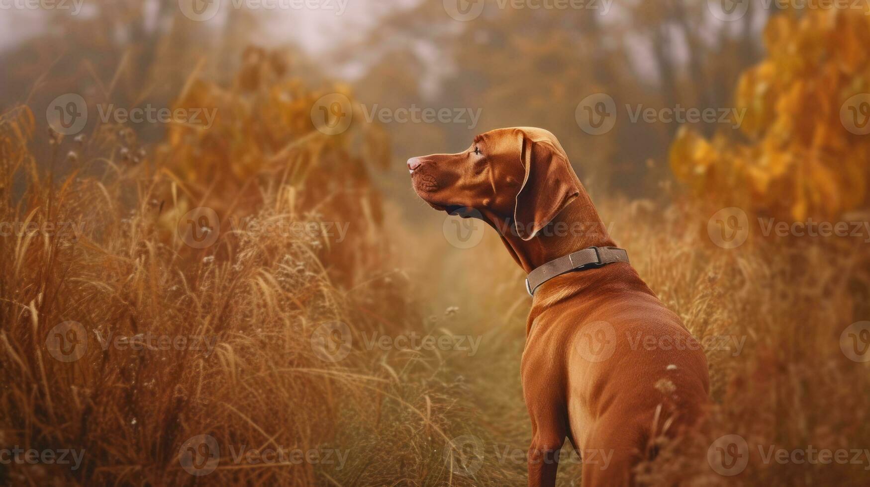 Hungarian hound pointer Vizsla dog in the field during autumn time, its russet-gold coat blending seamlessly with the fall leaves around it photo