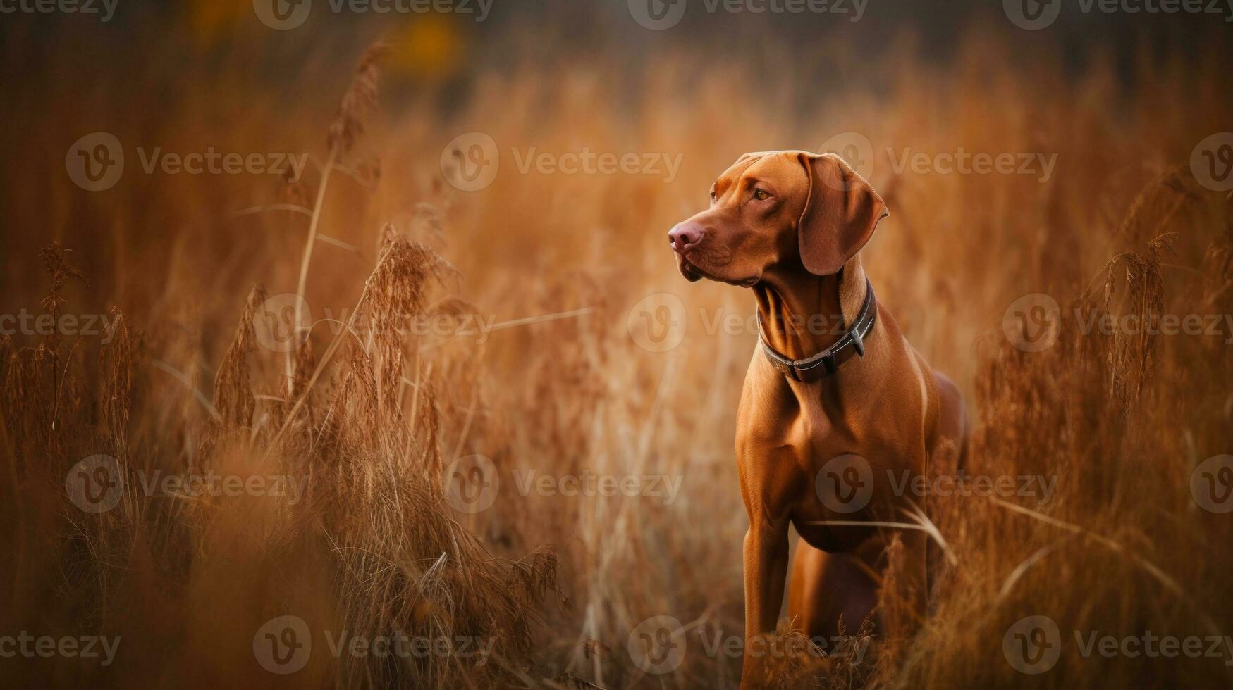 Hungarian hound pointer Vizsla dog in the field during autumn time, its russet-gold coat blending seamlessly with the fall leaves around it photo