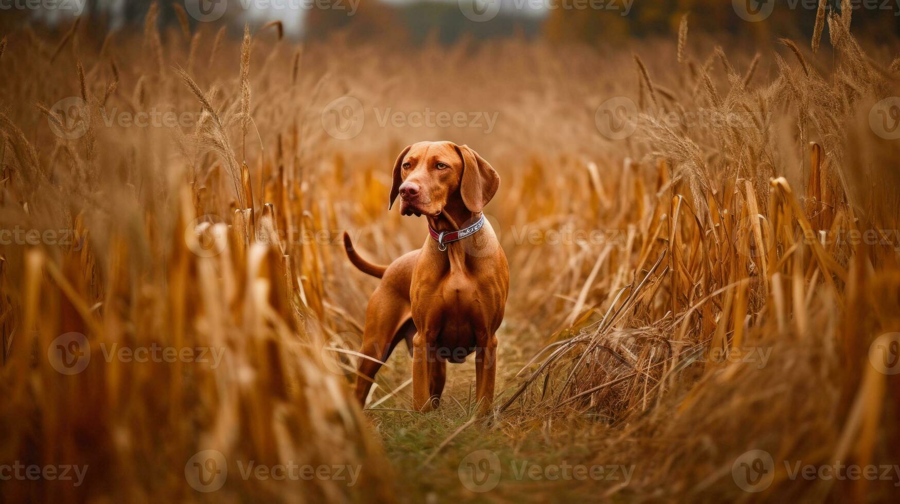 Hungarian hound pointer Vizsla dog in the field during autumn time, its russet-gold coat blending seamlessly with the fall leaves around it photo