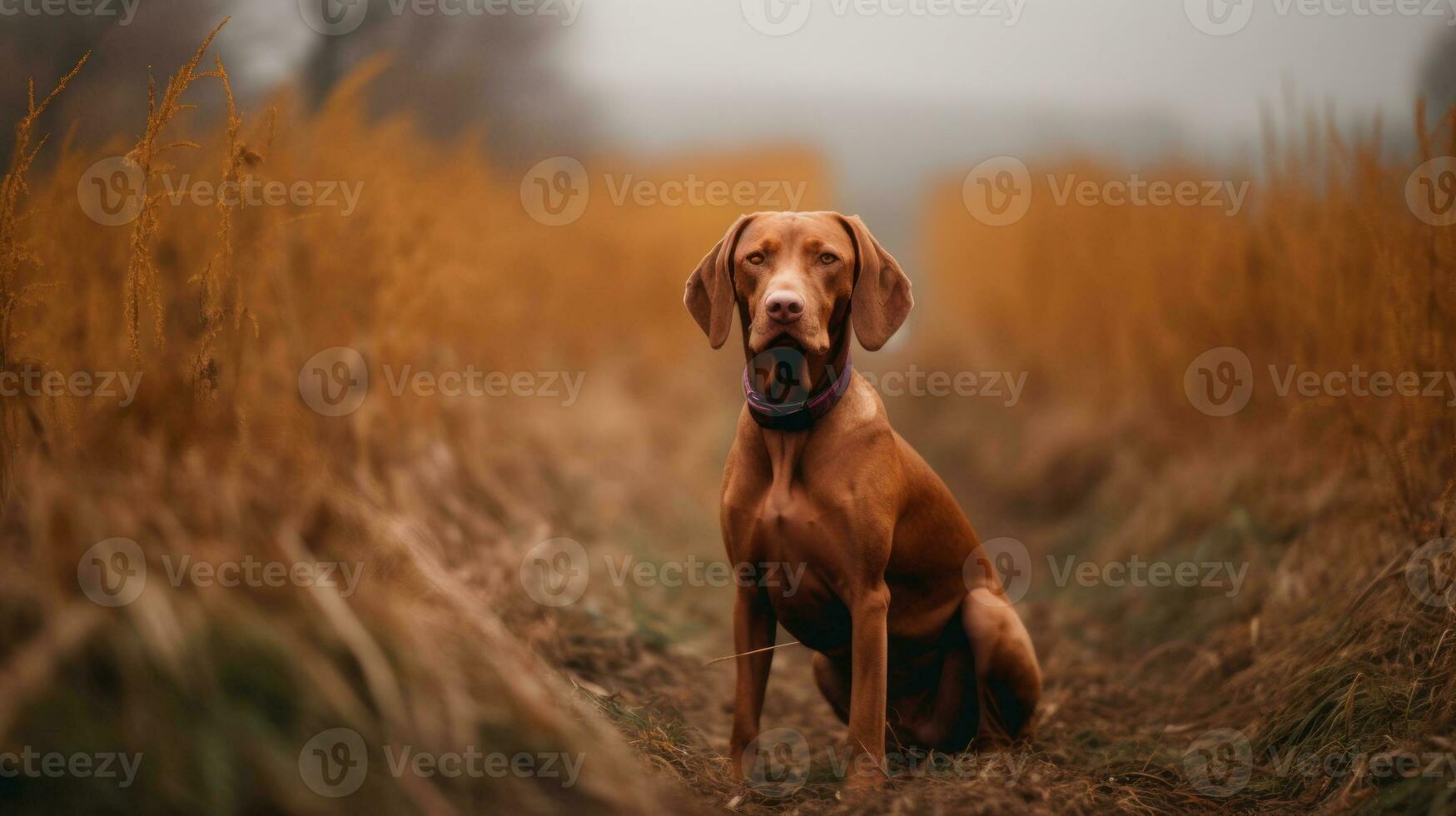 Hungarian hound pointer Vizsla dog in the field during autumn time, its russet-gold coat blending seamlessly with the fall leaves around it photo