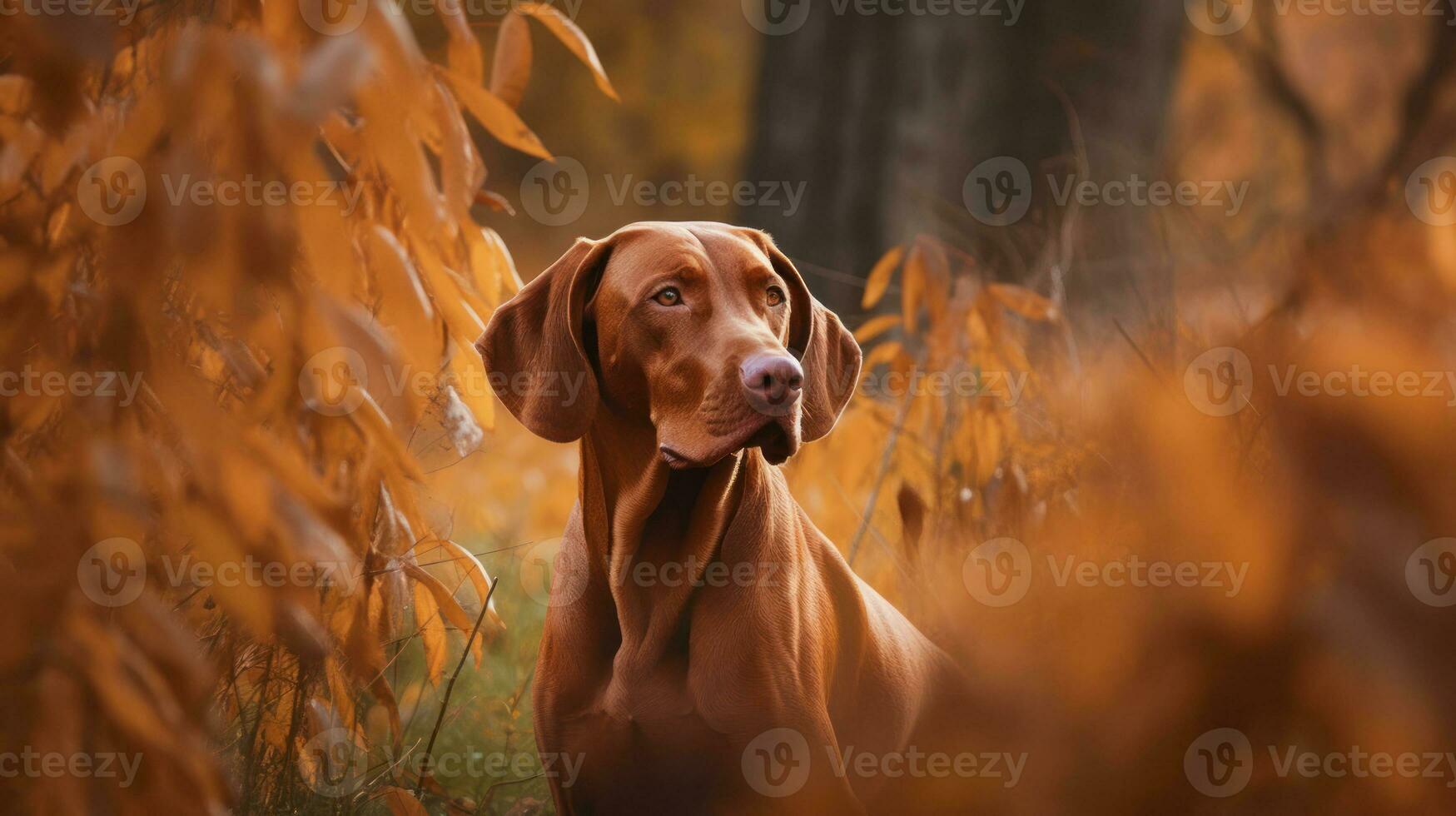 Hungarian hound pointer Vizsla dog in the field during autumn time, its russet-gold coat blending seamlessly with the fall leaves around it photo