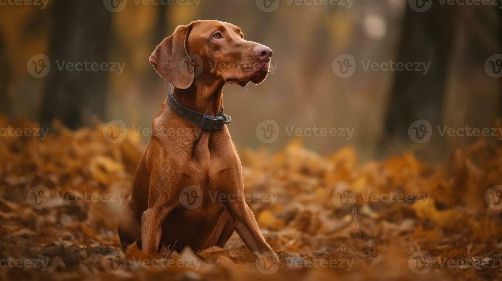 Hungarian hound pointer Vizsla dog in the field during autumn time, its russet-gold coat blending seamlessly with the fall leaves around it photo