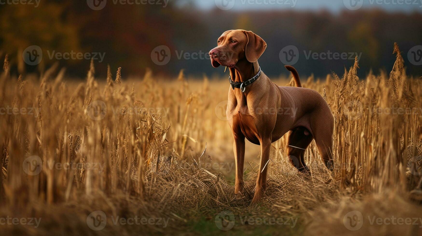 Hungarian hound pointer Vizsla dog in the field during autumn time, its russet-gold coat blending seamlessly with the fall leaves around it photo