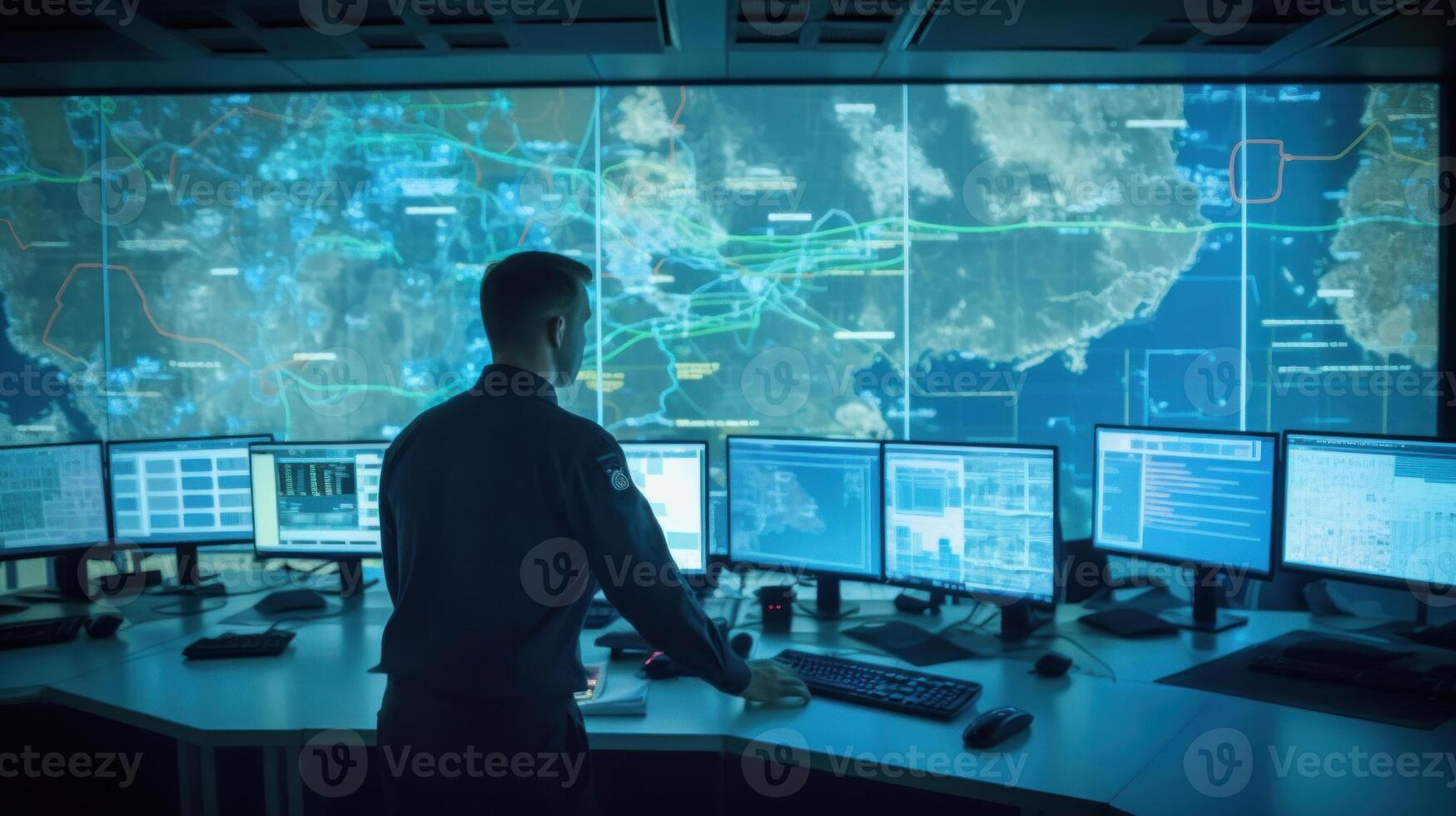 Military Surveillance Officer working on a city tracking operation in a Central Office Hub for Cyber Control and Monitoring photo