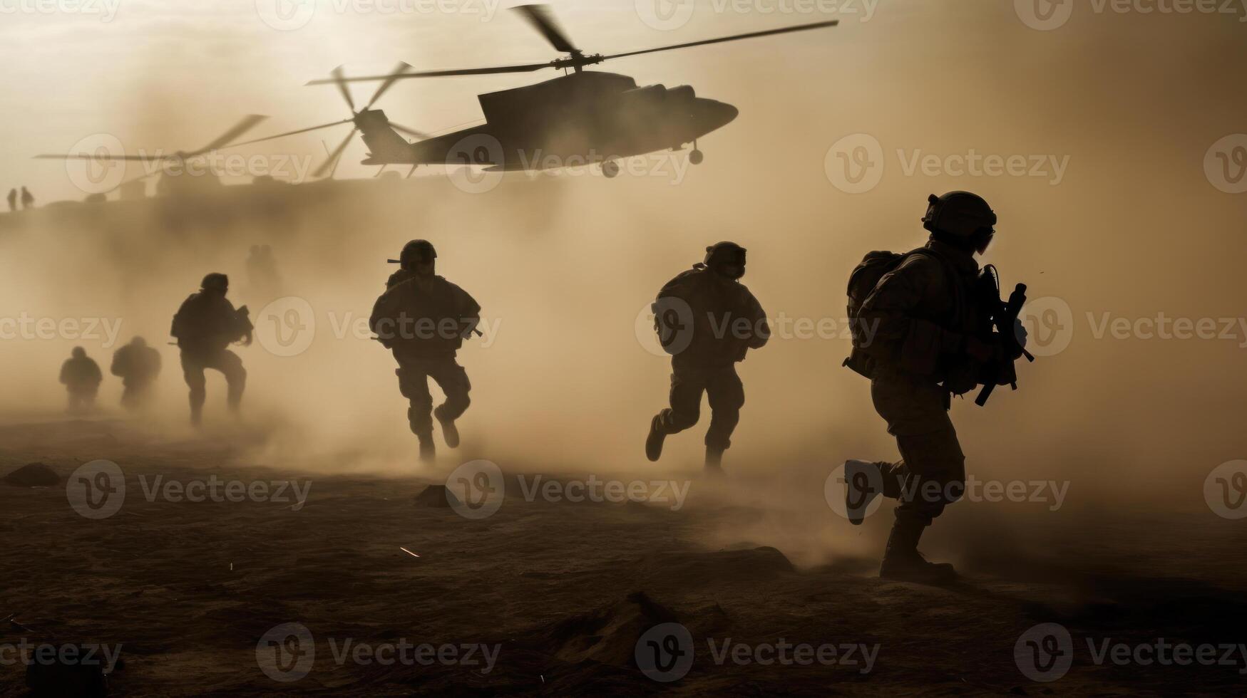 militar soldados son corriendo a el helicóptero en el campo de batalla. en medio de el polvo y caos de el campo de batalla, el soldados cargar hacia el helicóptero con inquebrantable atención foto