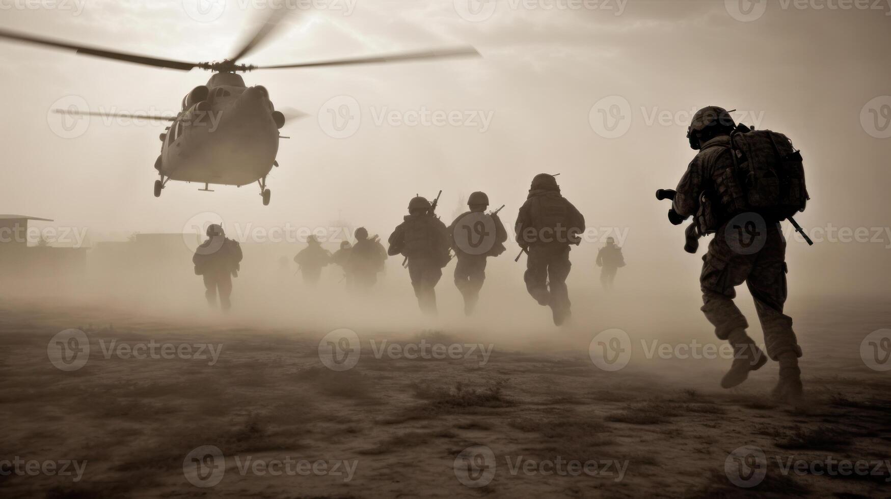 Military soldiers are running to the helicopter in the battlefield. Amidst the dust and chaos of the battlefield, the soldiers charge towards the helicopter with unwavering focus photo