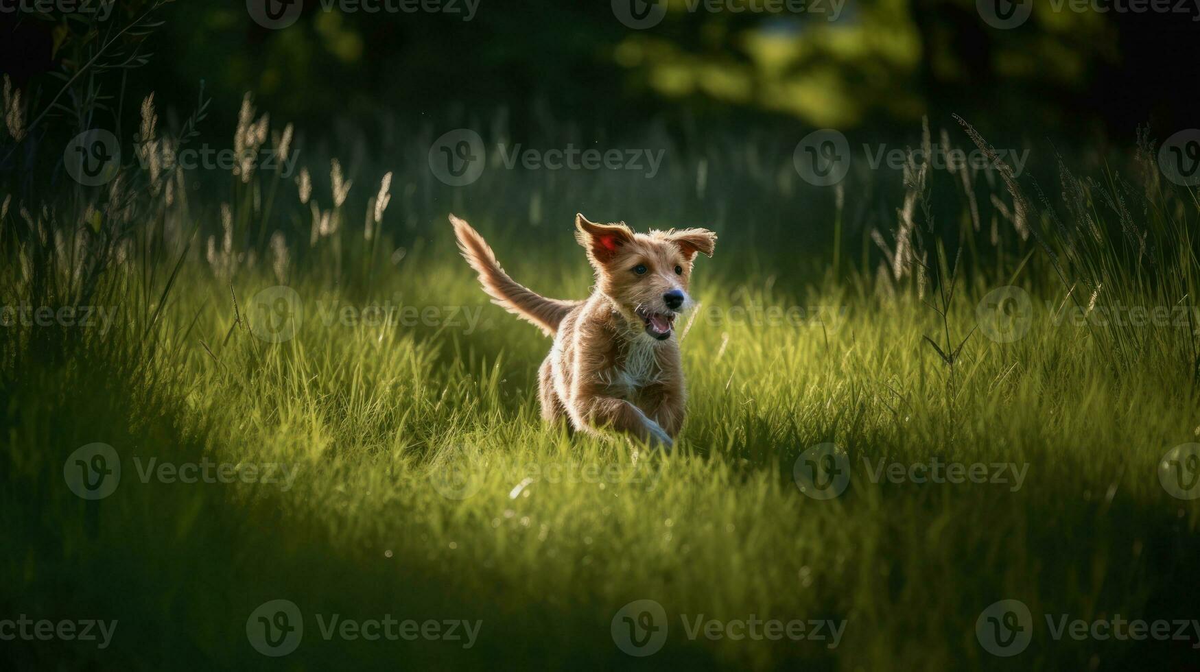 Happy pet dog puppy frolicking in the grass, a picture of pure bliss as it dashes across the verdant field photo