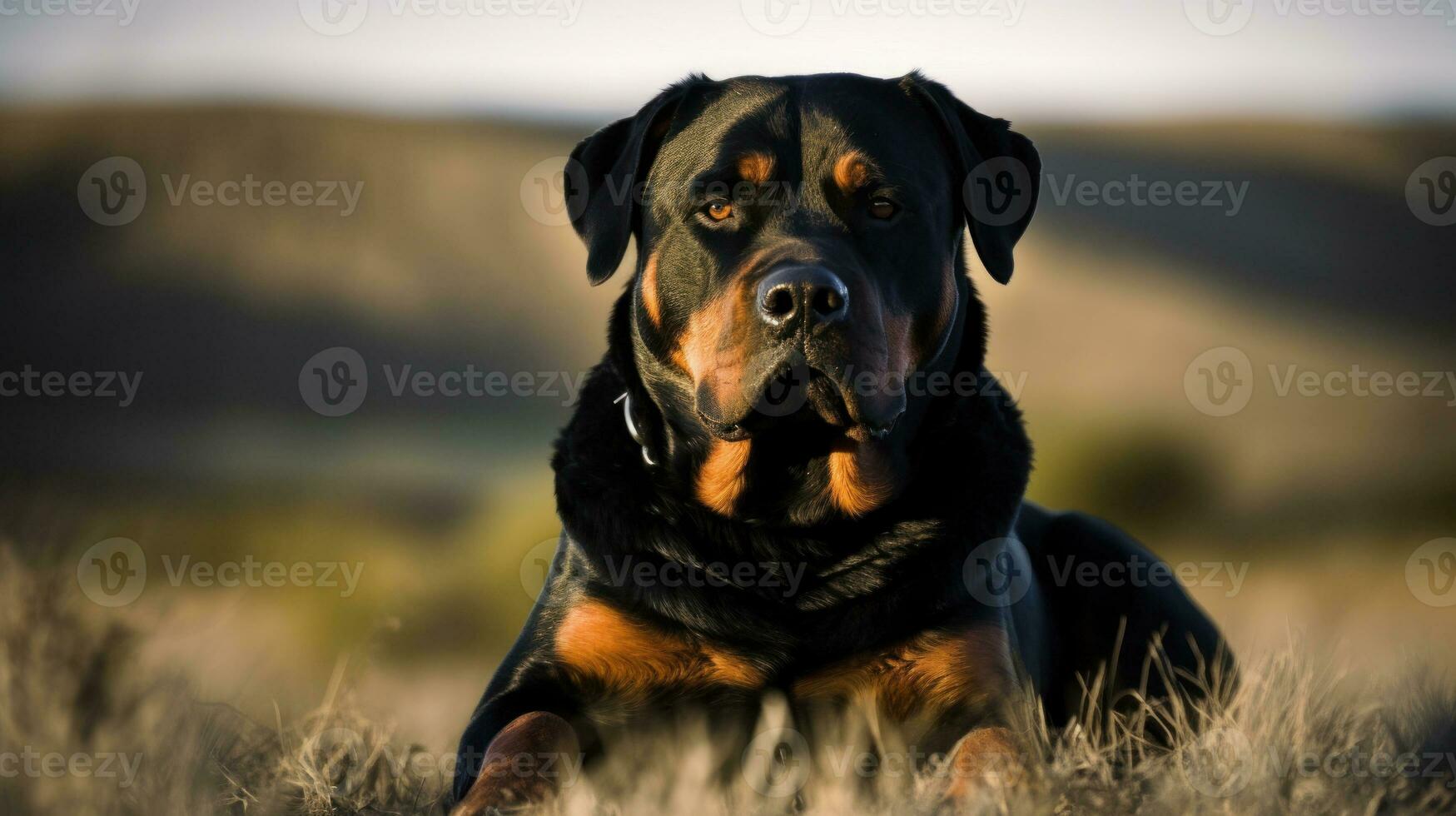 Rottweiler, its muscular form brilliantly contrasted against an open field. Its eyes, reflecting the warm sun, express an innate intelligence and loyalty photo
