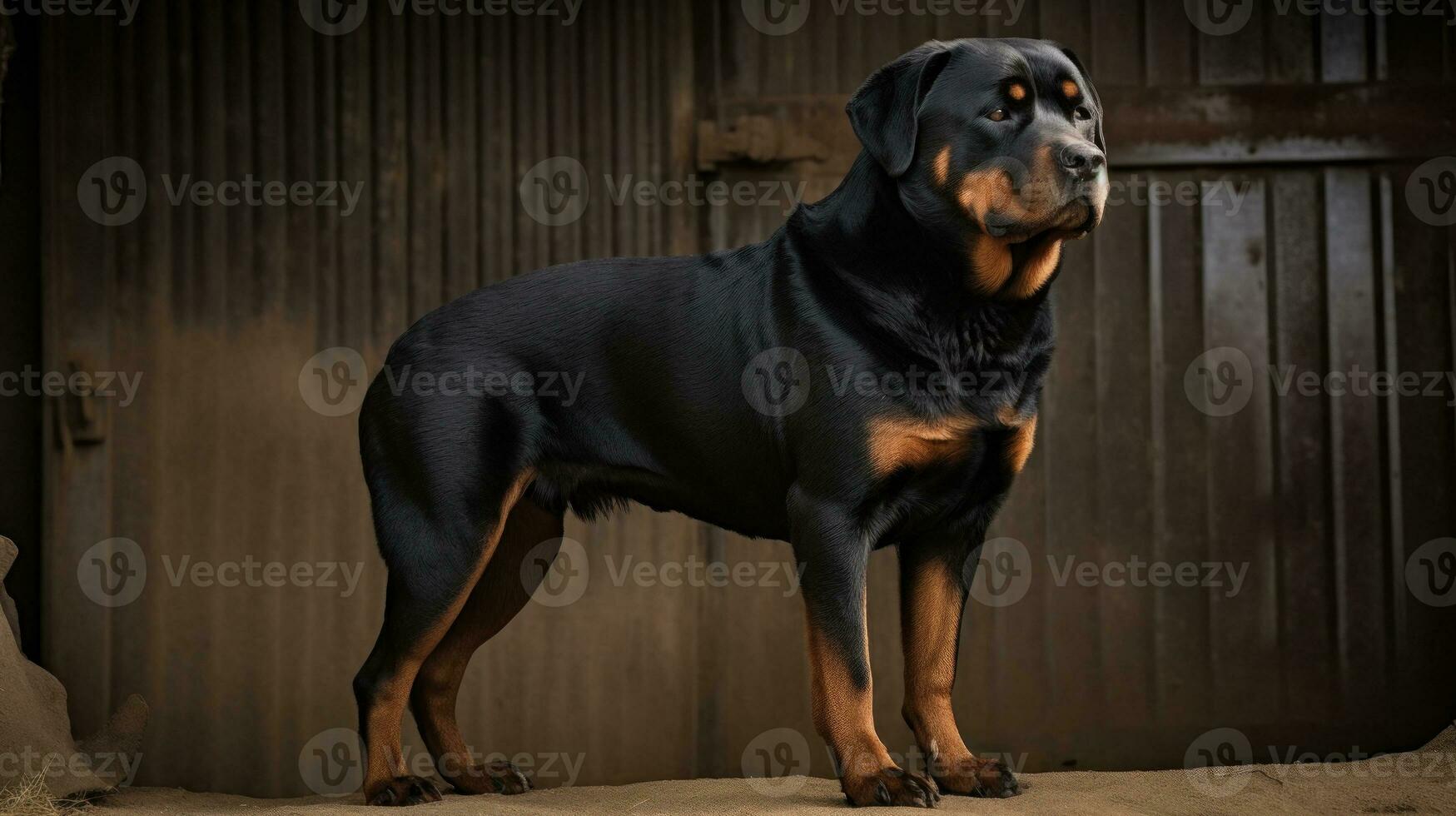 Rottweiler, its muscular form brilliantly contrasted against an open field. Its eyes, reflecting the warm sun, express an innate intelligence and loyalty photo