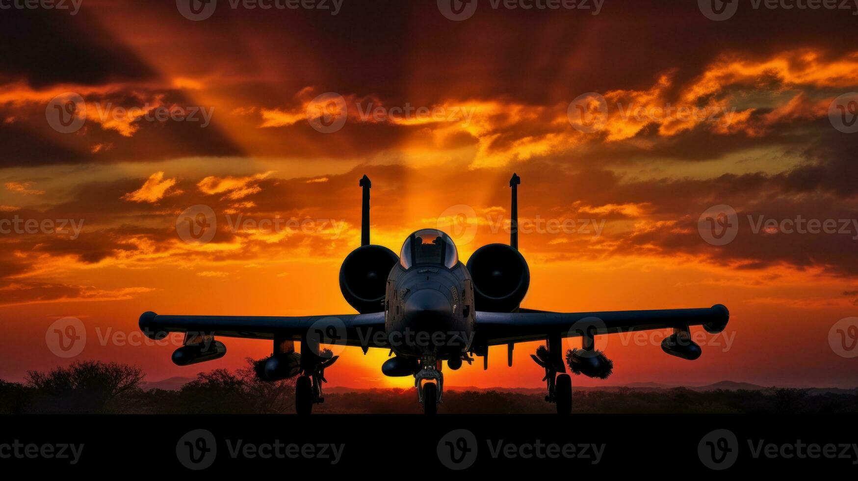 Silhouette of military attack aircraft against a vibrant sunset. The sleek profile of the aircraft is powerfully outlined against the backdrop of a sun setting in a riot of colors photo