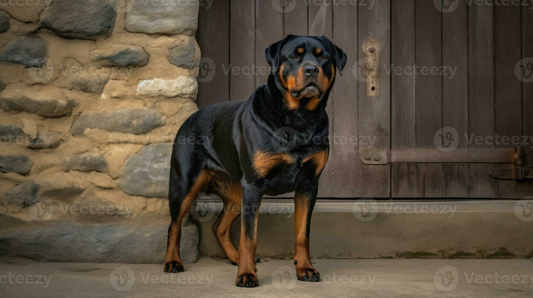 Rottweiler, its muscular form brilliantly contrasted against an open field. Its eyes, reflecting the warm sun, express an innate intelligence and loyalty photo