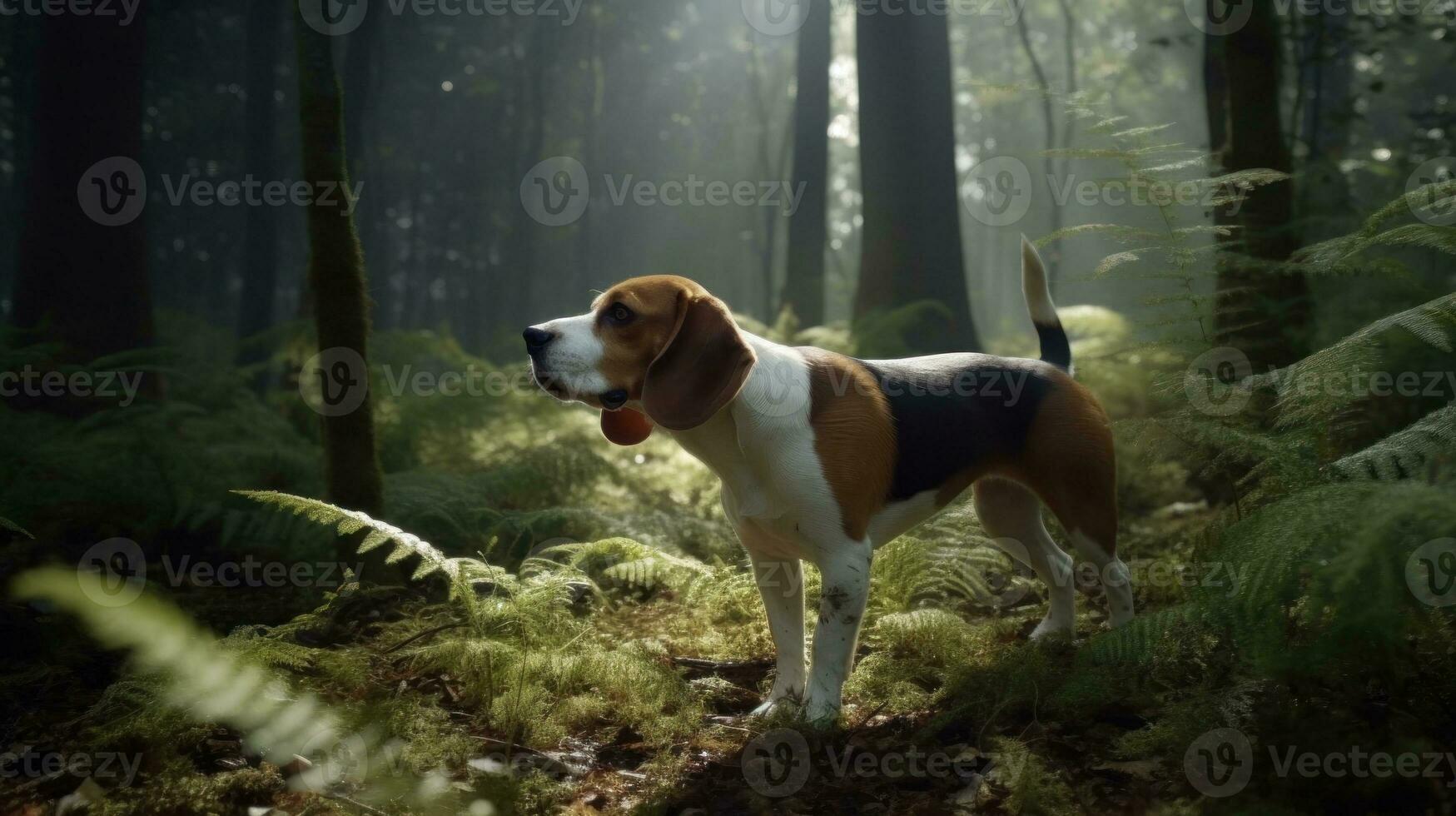 A Beagle following a scent trail through a dense forest photo