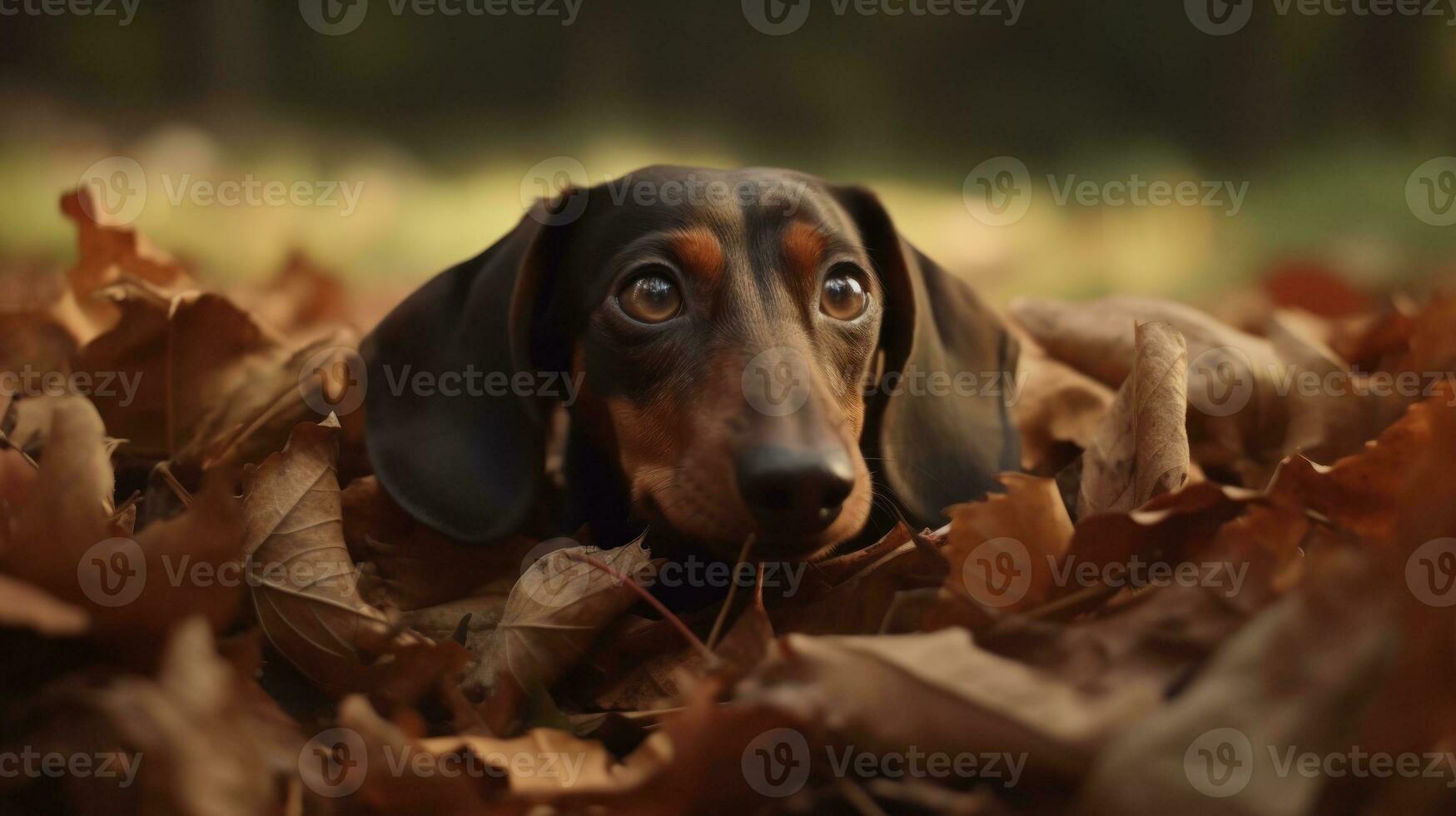A Dachshund burrowing into a pile of leaves photo