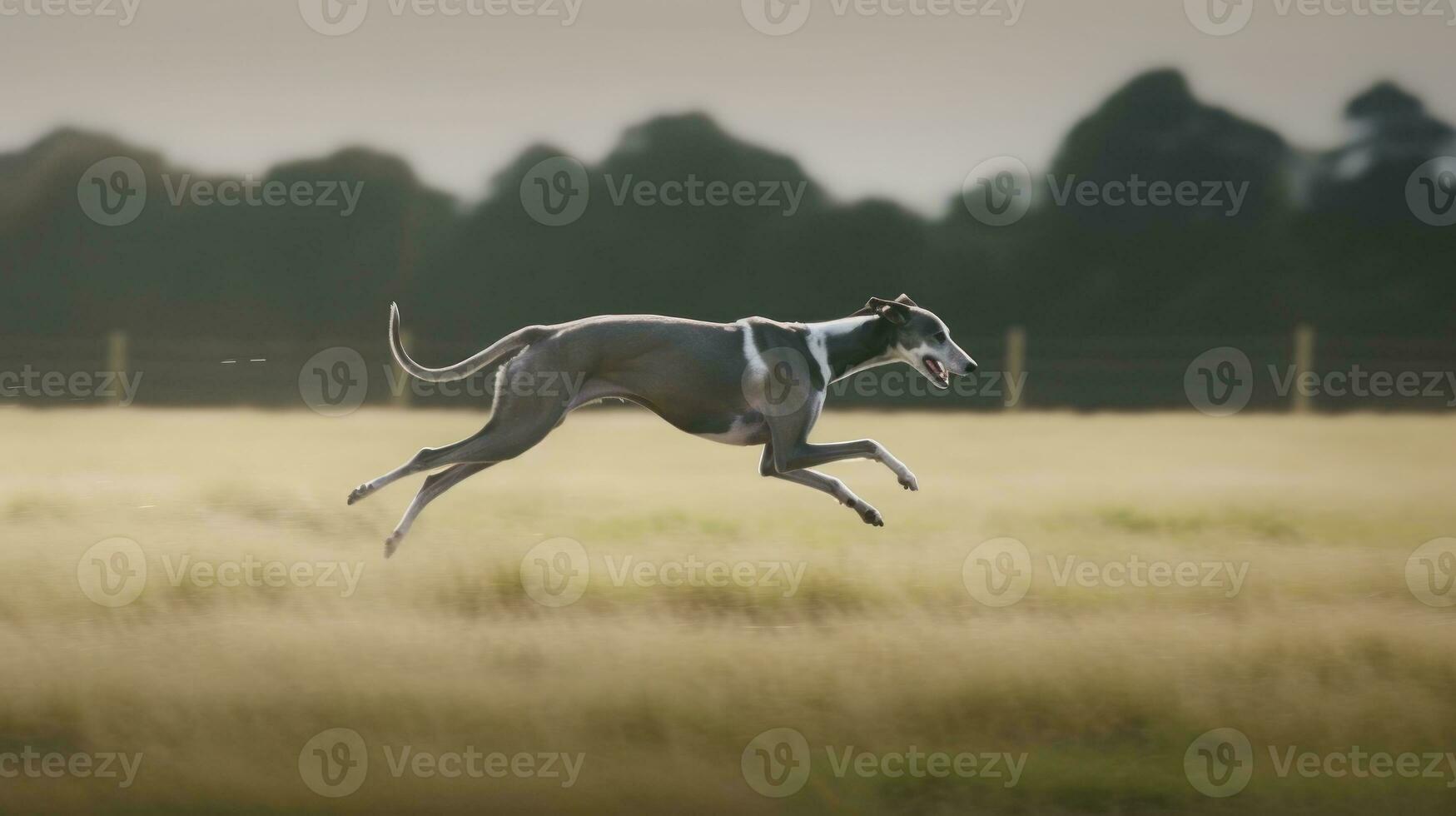 un galgo corriendo a lleno velocidad en un abierto campo foto